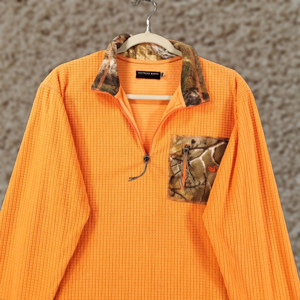 Vintage Southern Marsh Mens Sweater Small Orange Camo Trim Waffle Knit 1/4 Zip Pullover Size US S / EU 44-46 / 1 - 1 Thumbnail