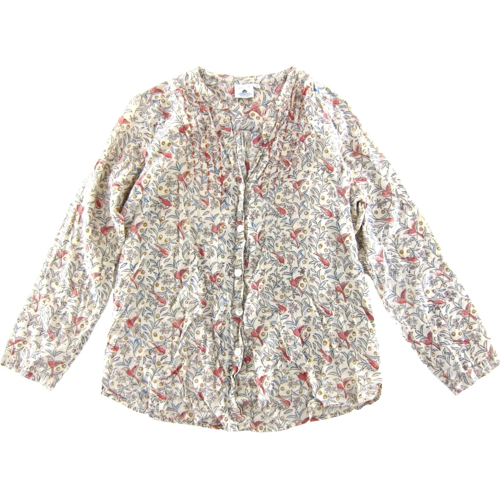 Vintage Dignity Not Charity India Ivory Blue Pink Floral Button Long Sleeve Blouse Large Size L / US 10 / IT 46 - 2 Thumbnail