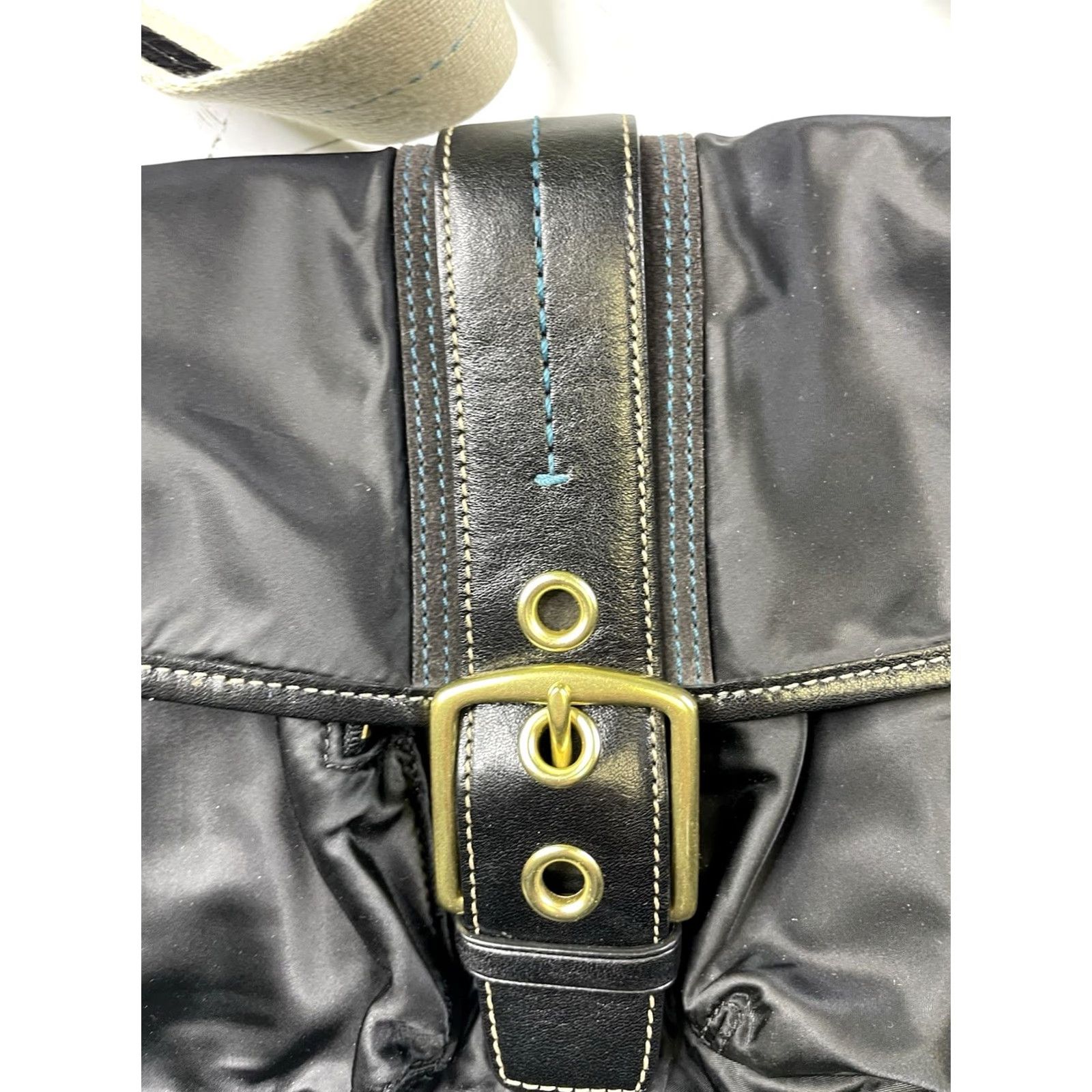 Coach VINTAGE Coach Shoulder Bag Black Teal Leather Nylon Zip Flap Canvas Medium Women Size ONE SIZE - 3 Thumbnail