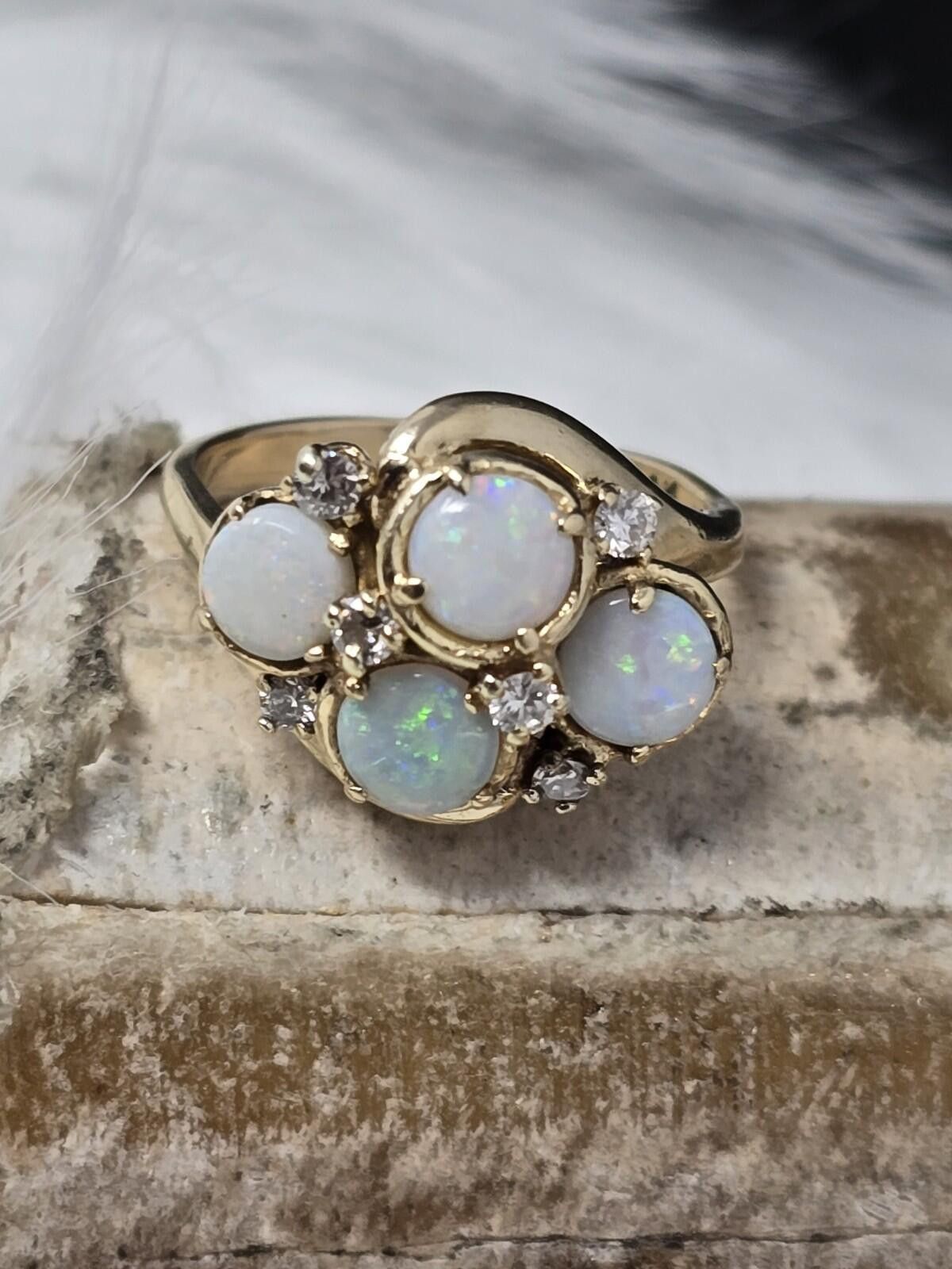 The Unbranded Brand Vintage 14k Gold Opal Diamond Waterfall Cluster Ring Sz 6 Size ONE SIZE - 1 Thumbnail