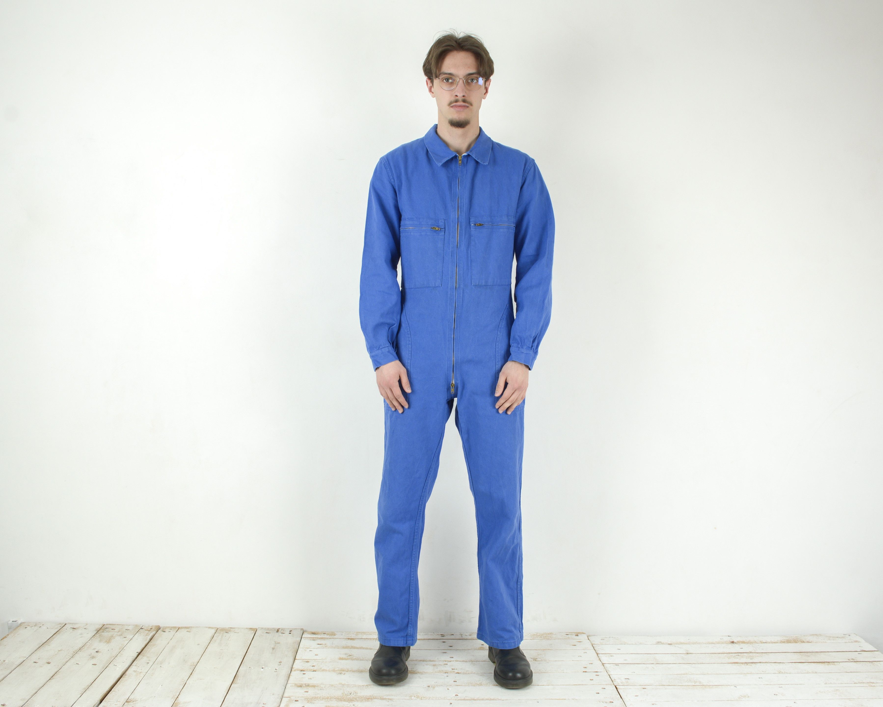 image of Vintage Men Eclair French Boilersuit Chore Jumpsuit Overalls Utility in Blue (Size 34)