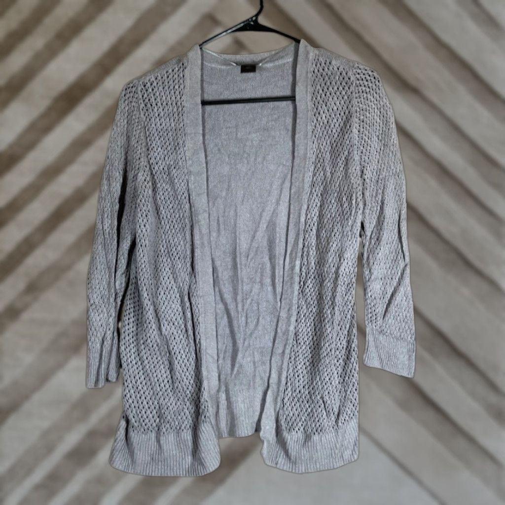 Ann Taylor VINTAGE Ann Taylor Womens Cardigan Sweater Gray Open Front Linen Blend Petite LP Size L / US 10 / IT 46 - 1 Thumbnail