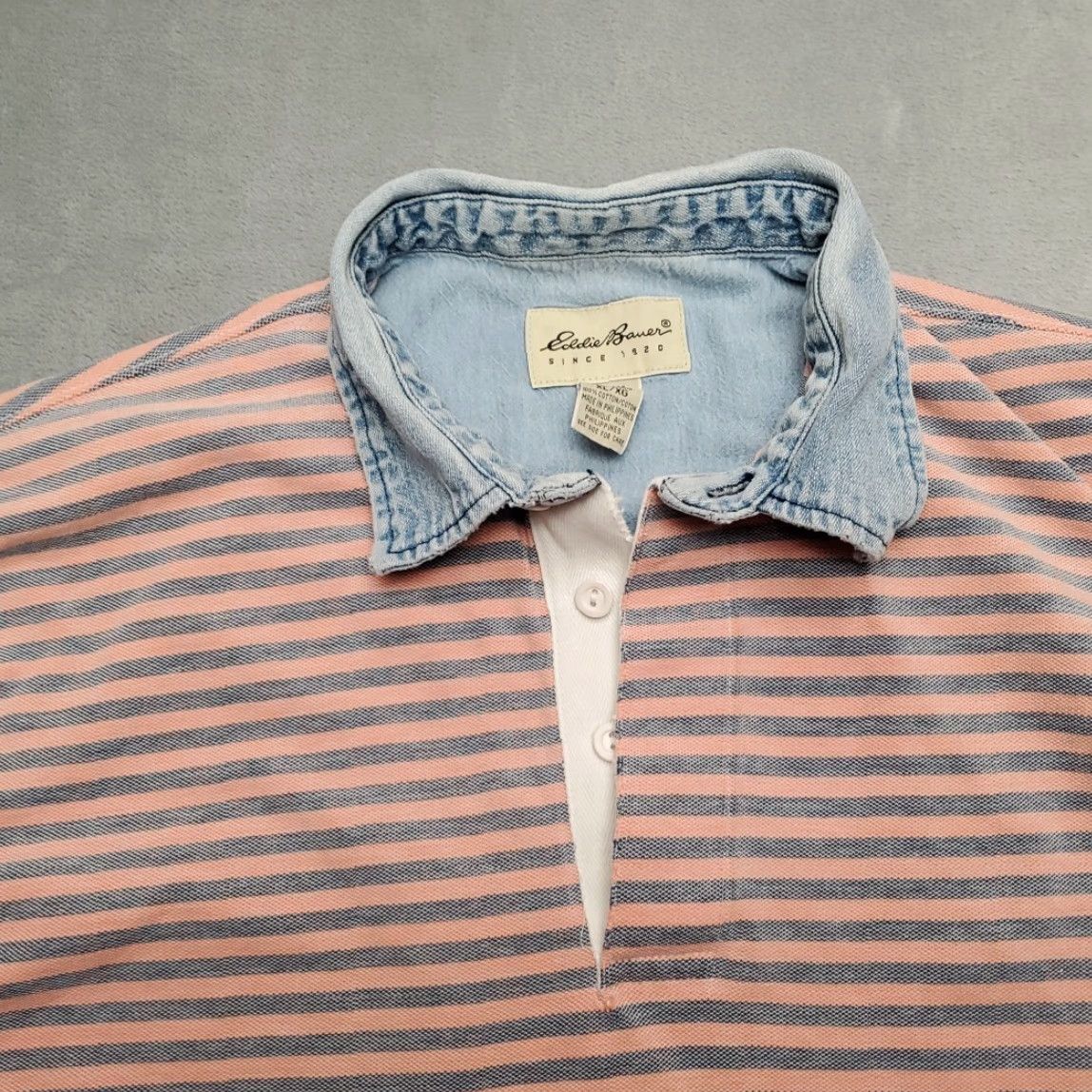 Eddie Bauer VTG Eddie Bauer Shirt Mens XL Pink Striped Rugby Rubber Button Denim Collar Polo Size US XL / EU 56 / 4 - 3 Thumbnail