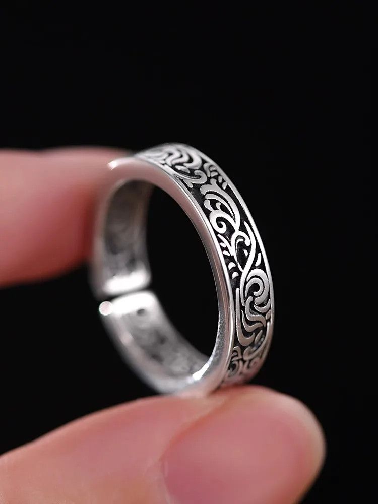 Jewelry × Vintage Silver Retro Tang Grass Pattern Ring Vintage Style Size ONE SIZE - 4 Thumbnail