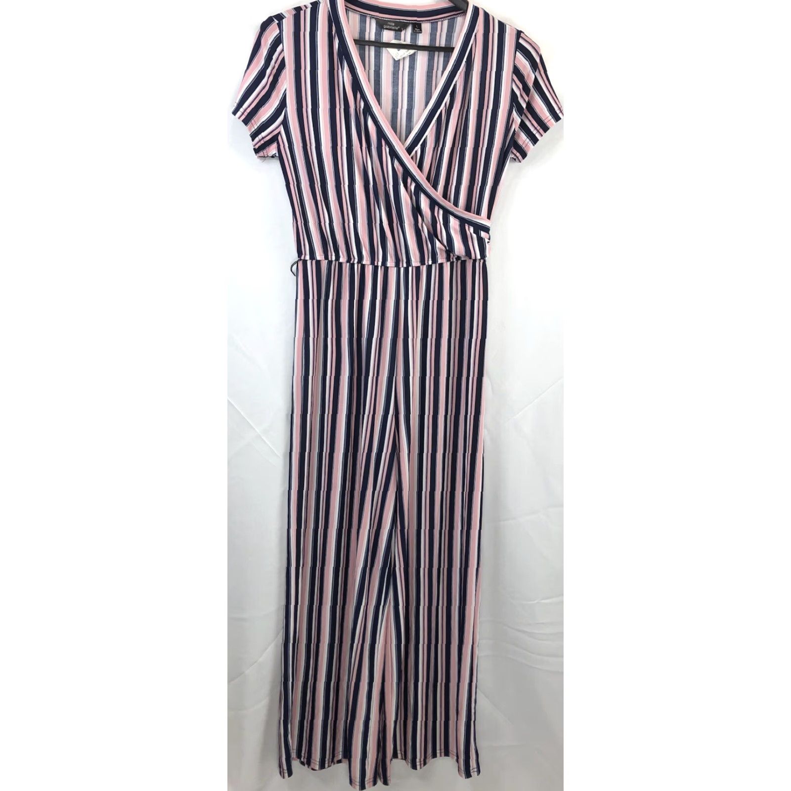Vintage Mlle Gabrielle Jumpsuit L Pink Blue Stripe Mock Wrap V-Neck ShortSleeve NWT Womens One-Piece Dress Style: Jumpsuit Size 36" / US 14 / IT 50 - 4 Thumbnail