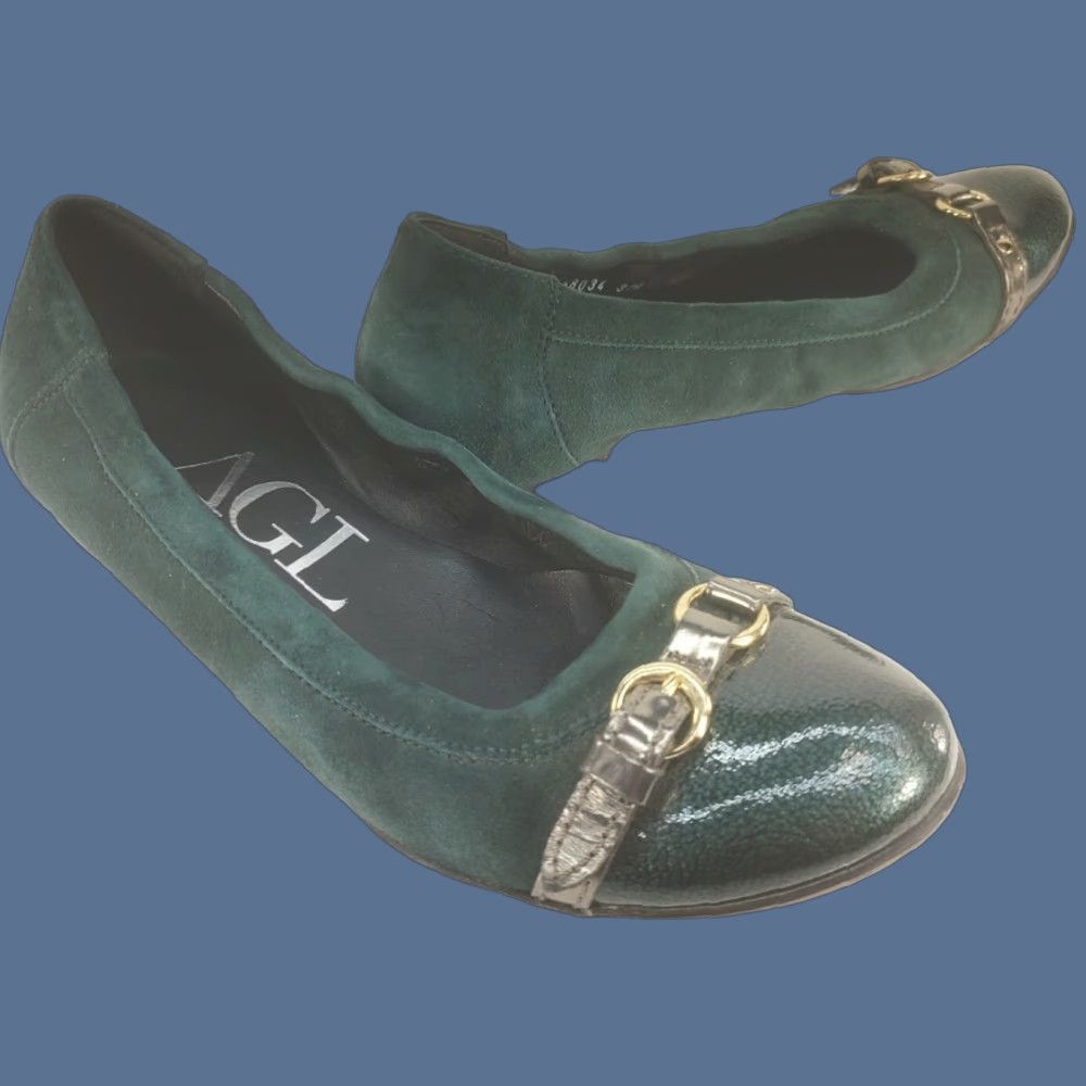 AGL AGL Green Suede Leather Cap Toe Flats Women's 6.5M 37.5EU Casual Formal Slip On Cap Toe Buckle Leather Lining Size ONE SIZE - 1 Thumbnail