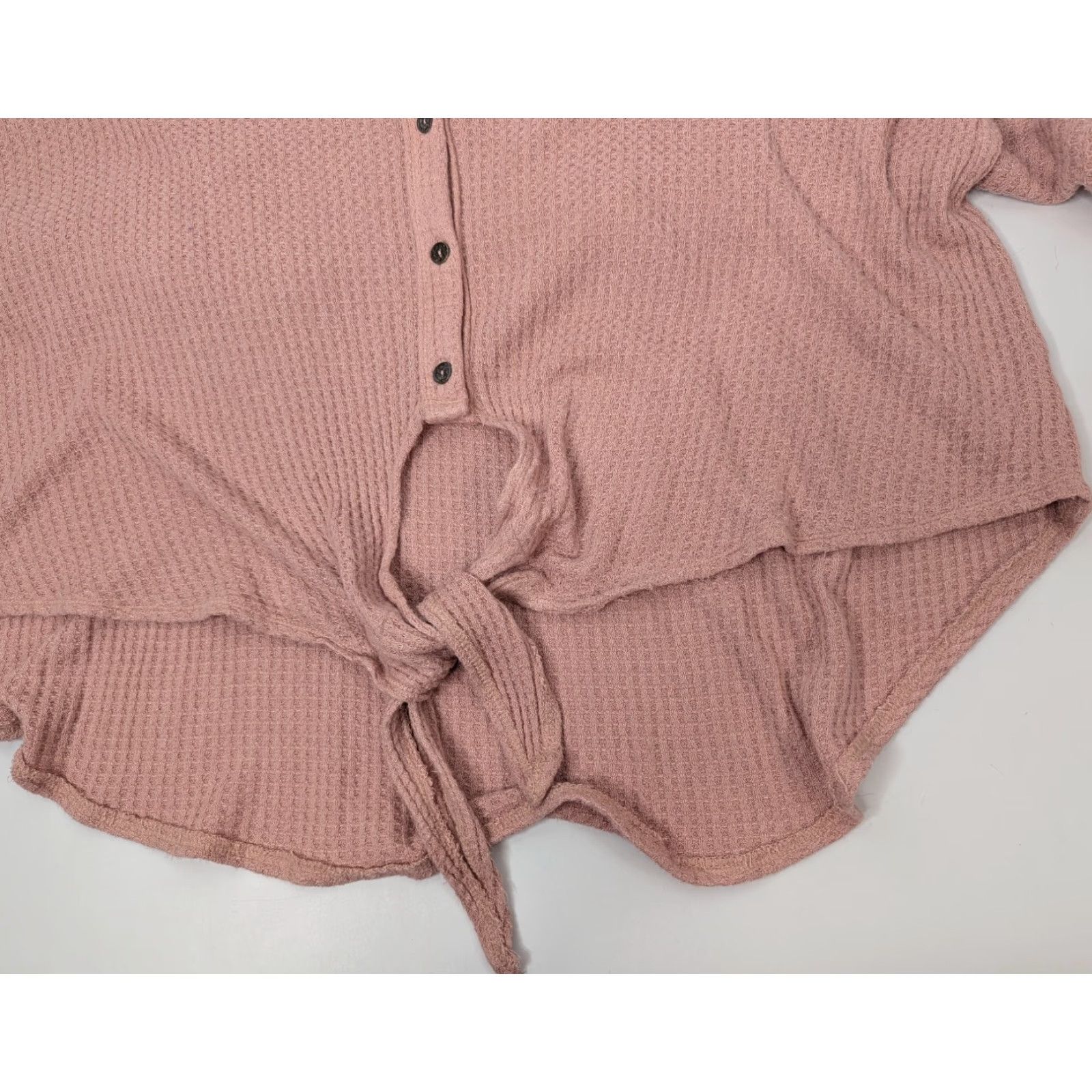 Vintage Knox Rose Women’s Pink Waffle Knit Thermal Tie Front Long Sleeve Lace Top XL Blouse Size XL / US 12-14 / IT 48-50 - 3 Thumbnail