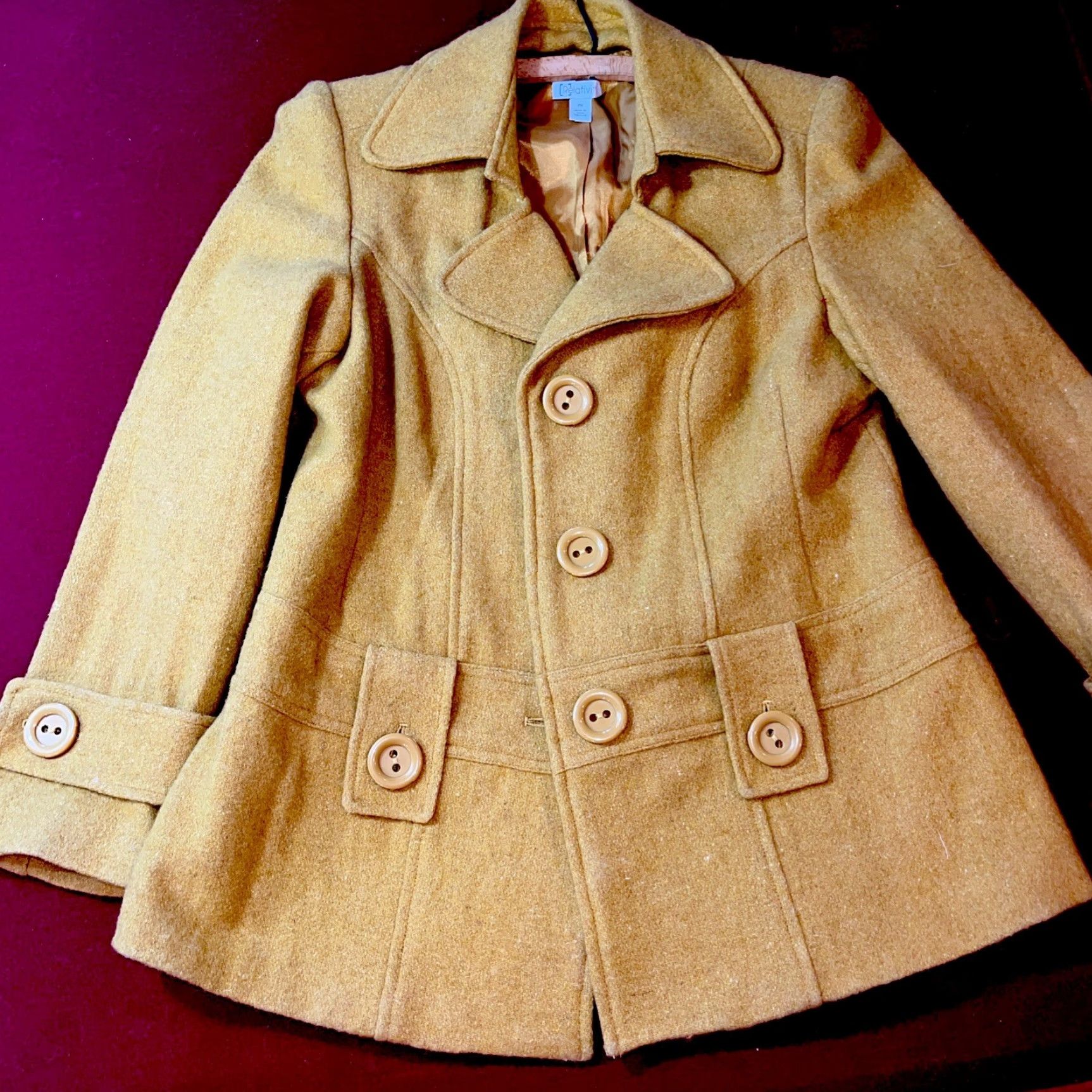 Vintage VINTAGE Relativity Wool Pea Coat Mustard Yellow Short Lined Button Up Straps Double Breasted Petite Womens PM Size 32" / US 10 / IT 46 - 7 Thumbnail