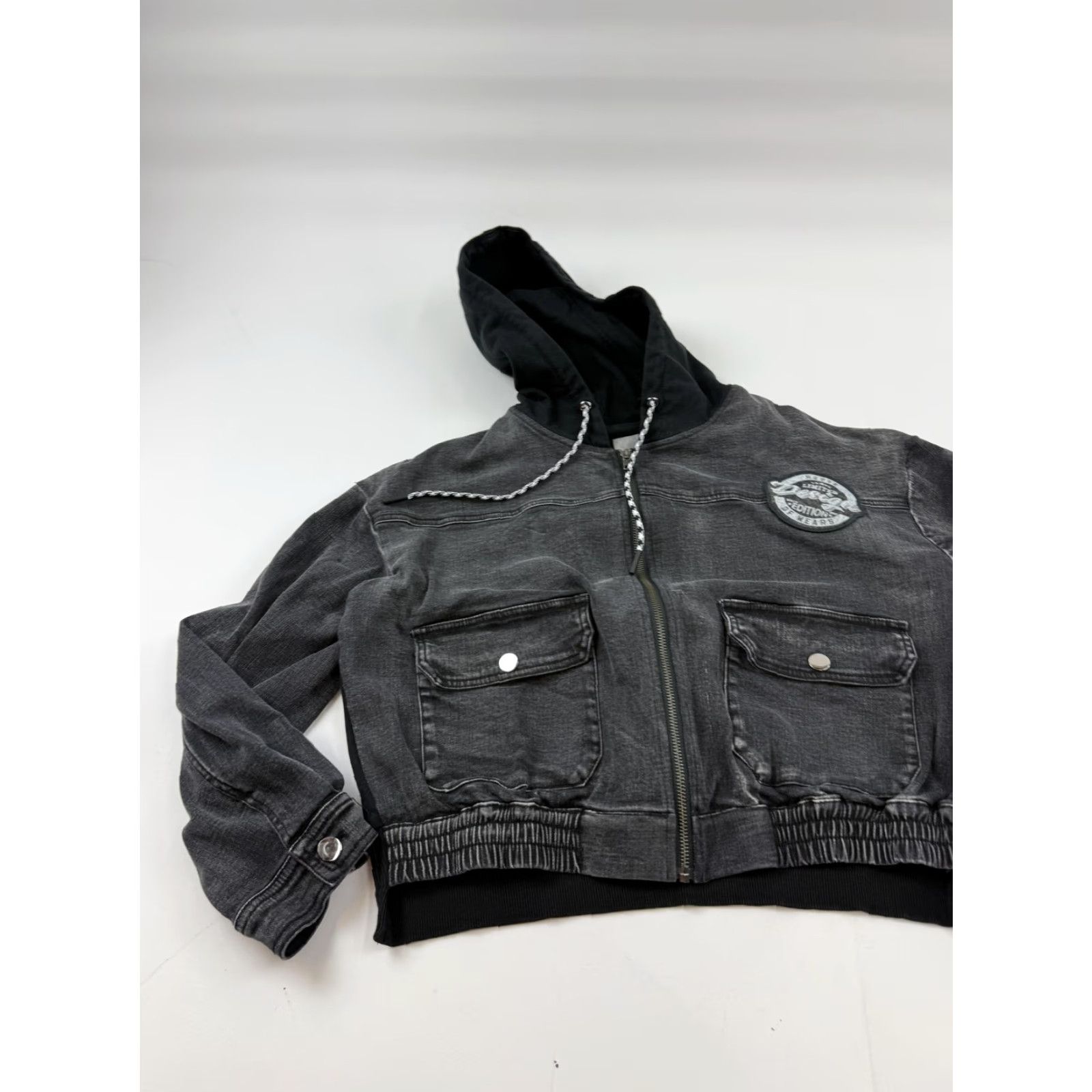 Denime Abito Jacket Womens Small Gray Denim Hooded Bomber Full Zip Pockets Cropped Size S / US 4 / IT 40 - 3 Thumbnail