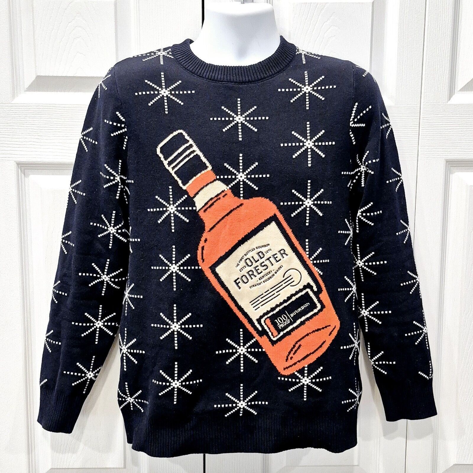 (+)PEOPLE Old Forester Bourbon Ugly Christmas Sweater Blue Orange MED Size US M / EU 48-50 / 2 - 7 Thumbnail