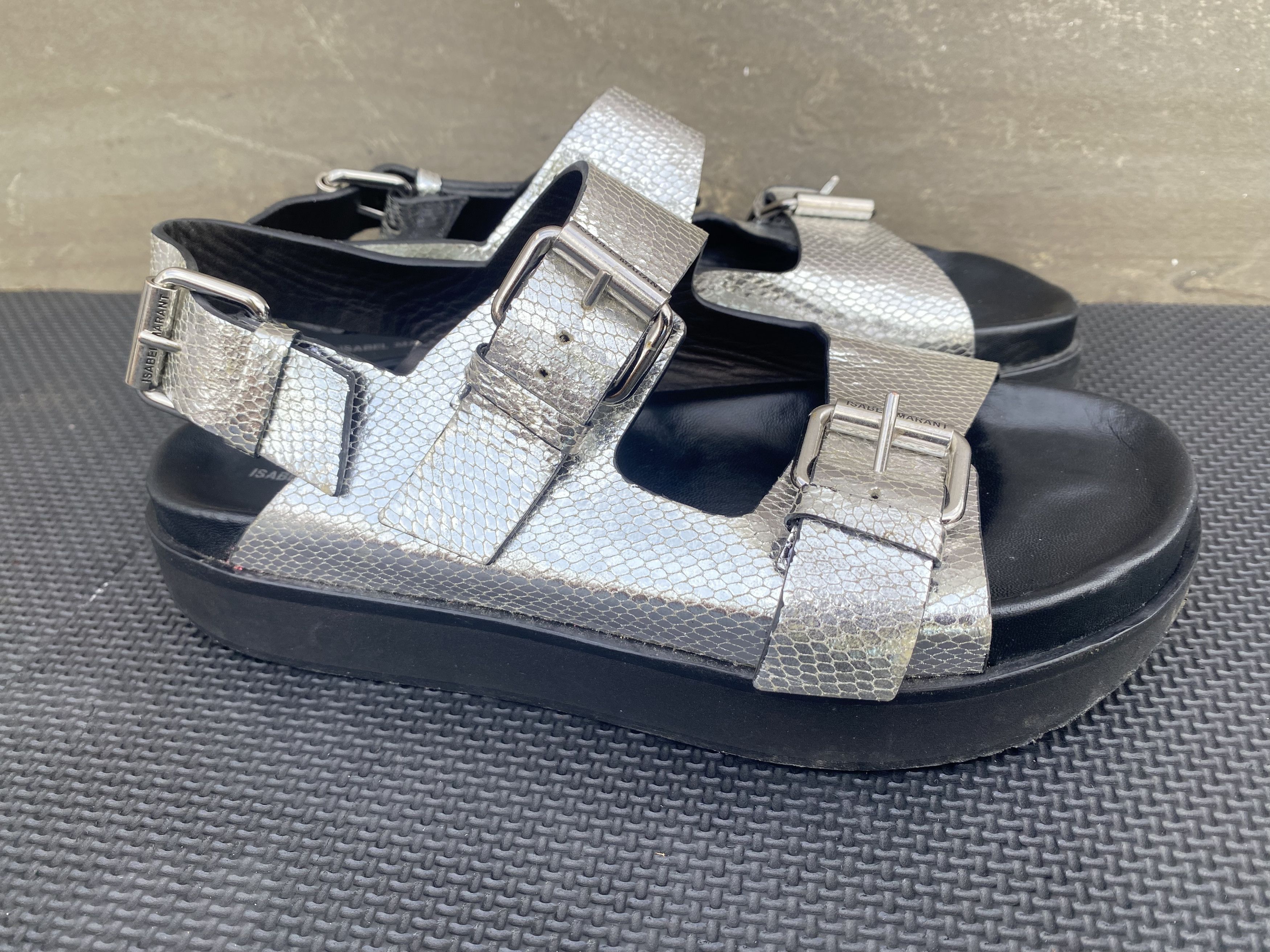 image of Isabel Marant Leather Silver Buckle Slides Sandals, Women's (Size 7)