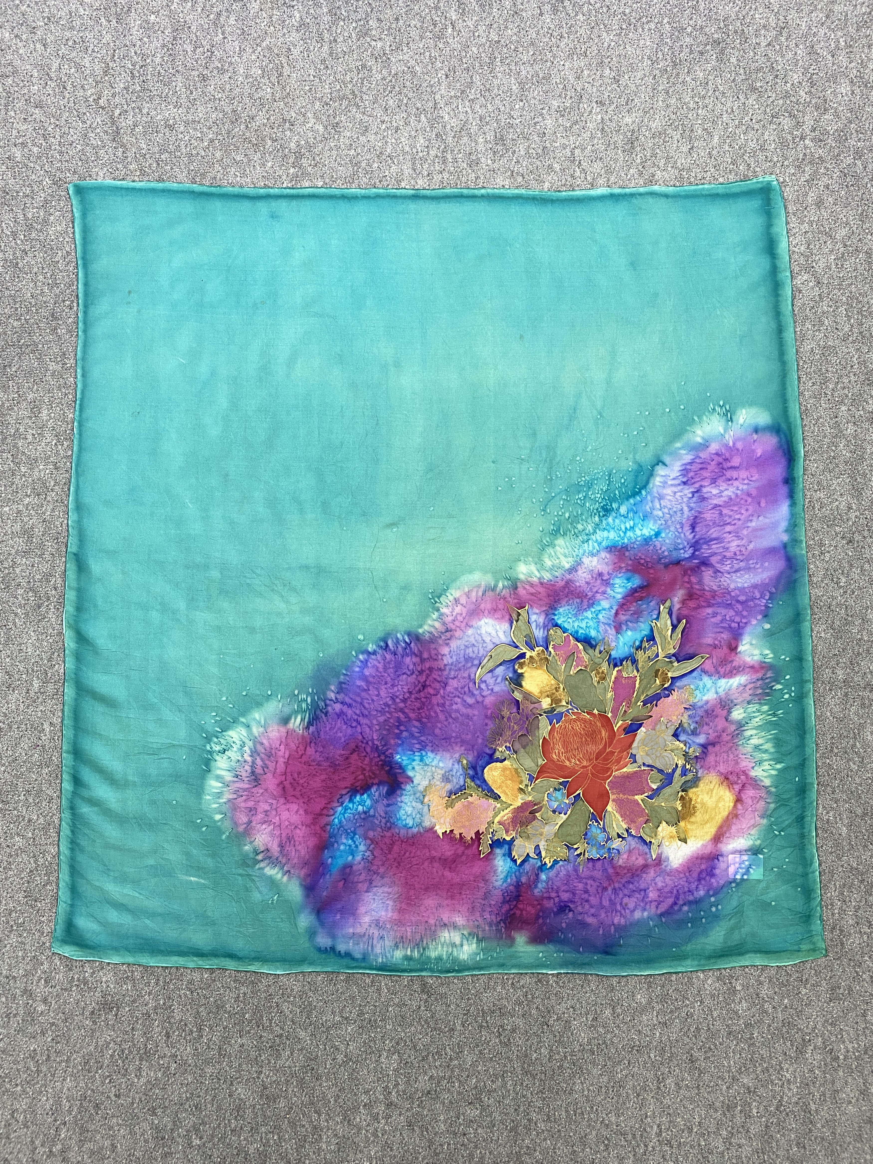 Vintage Flower Design Silk Scarf / Muffler / Silk Shawl SN0070 Size ONE SIZE - 3 Thumbnail