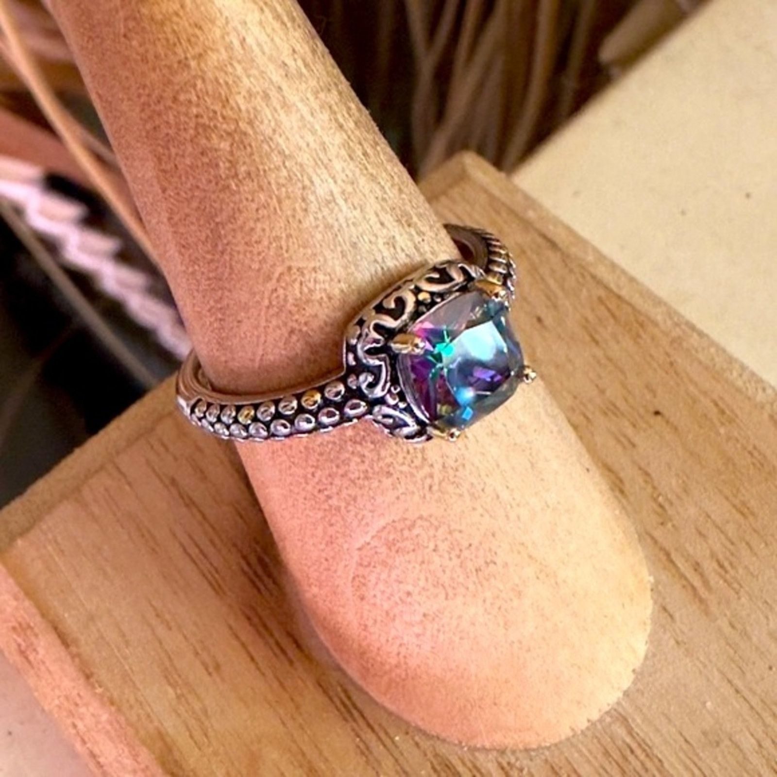 The Unbranded Brand Sterling Silver Celtic Rainbow Topaz Cushion CZ Ring Size ONE SIZE - 7 Thumbnail