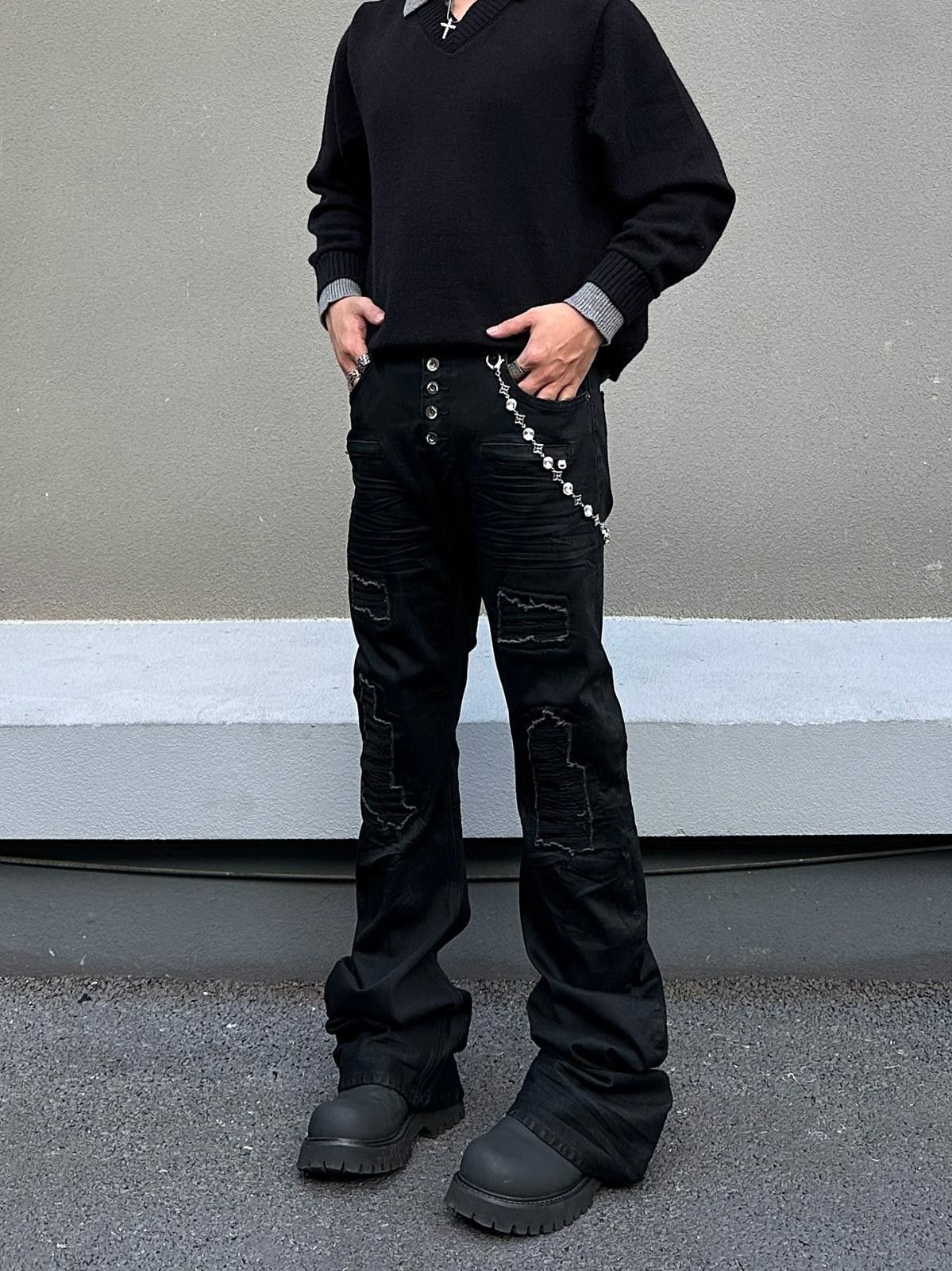 Japanese Brand Black Distressed Baggy Wide Leg Jeans, Barrel Leg Jeans Size US 32 / EU 48 - 3 Thumbnail