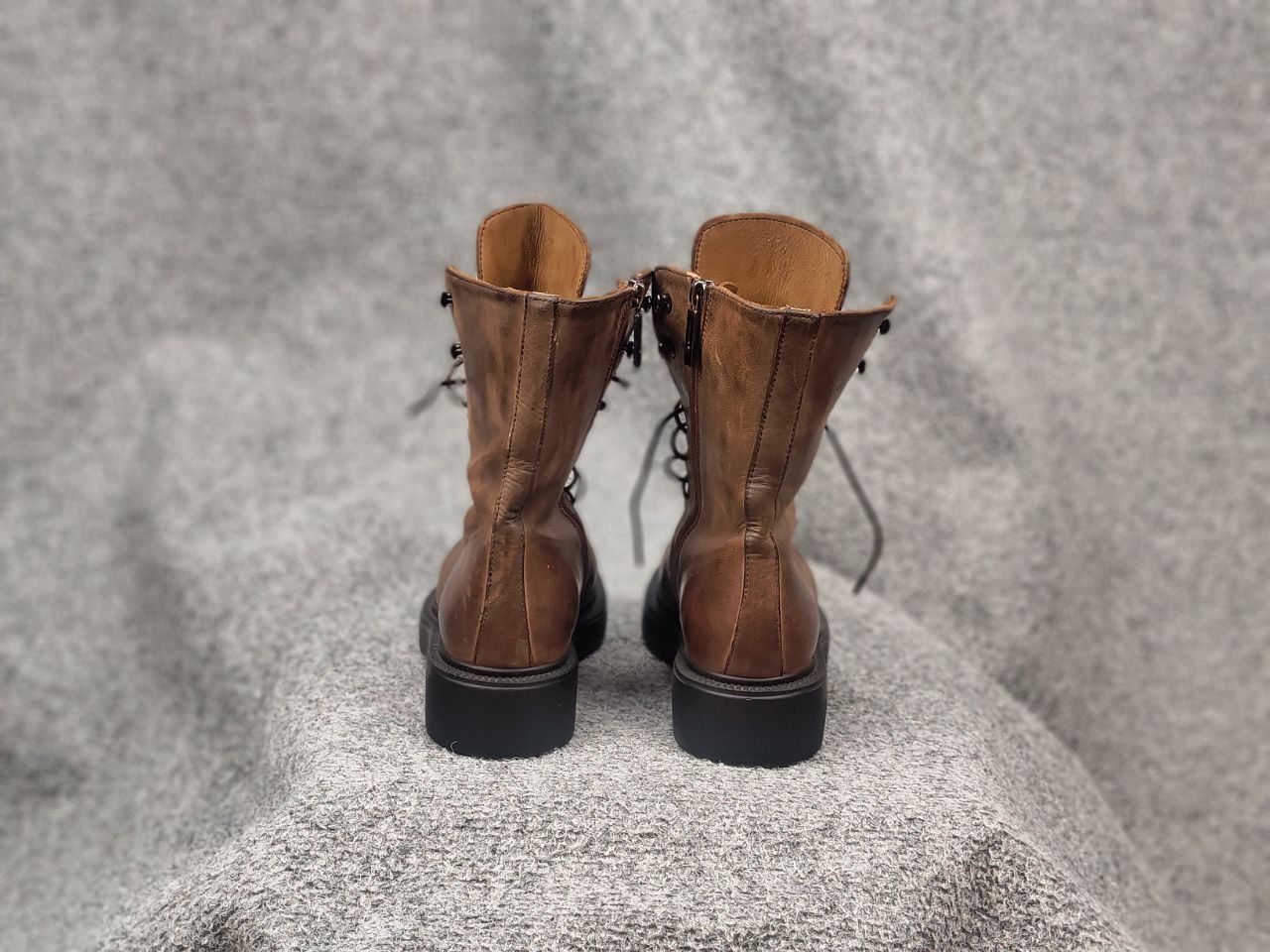 Lemargo Design Combat Leather Brown Lace Up Zip Womens Boots