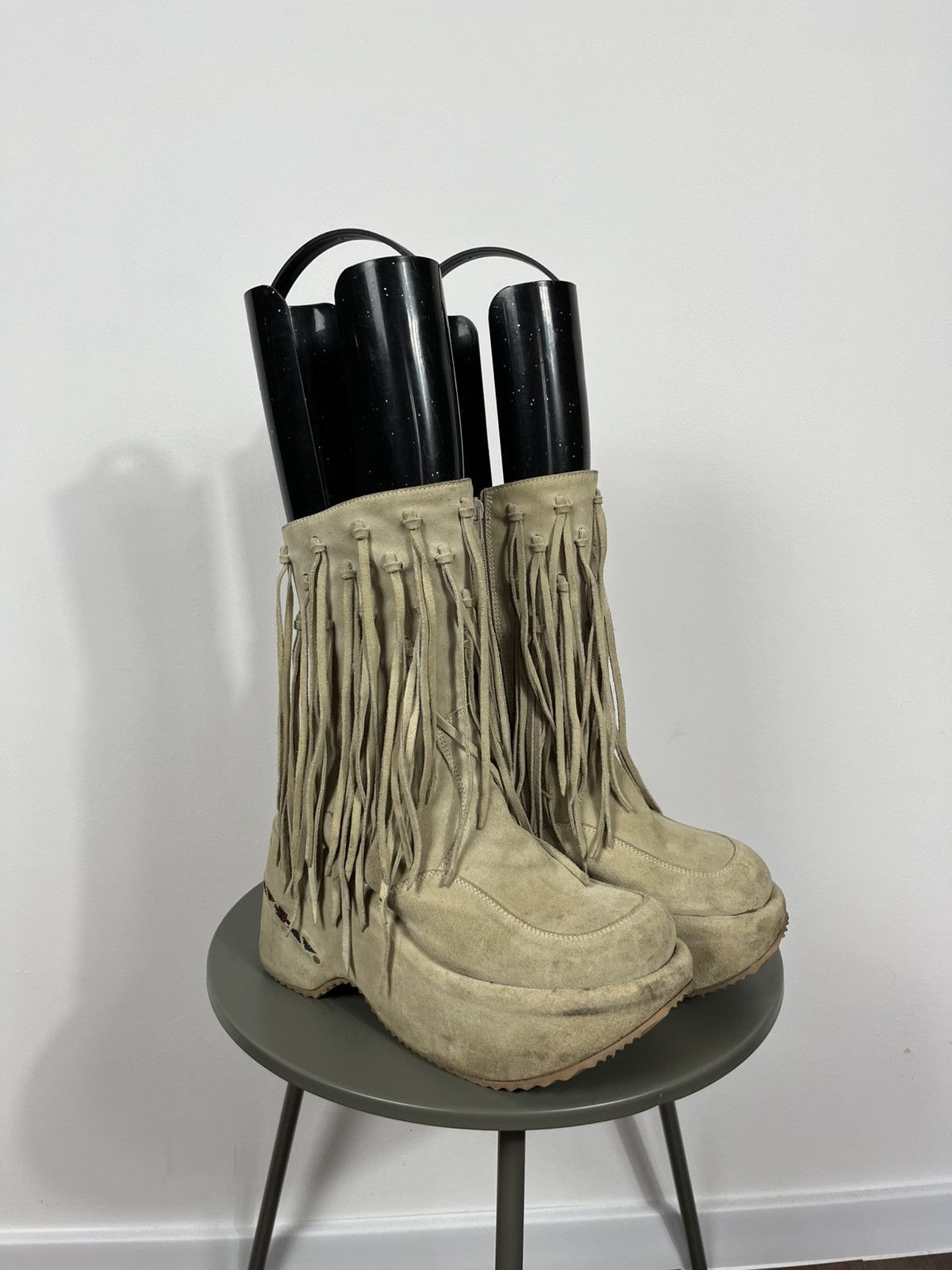 Vintage Beige Suede Fringe Platform Boots with Dangling Details Zip Size US 10 / IT 40 - 1 Thumbnail