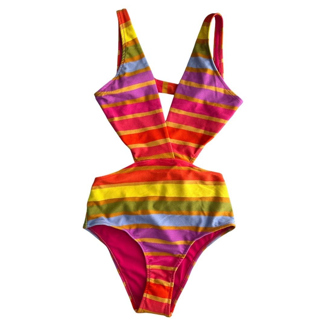 Farm Rio FARM RIO Shiny Stripes V-Neck Cutout One Piece Swimsuit, XS Size ONE SIZE - 4 Thumbnail