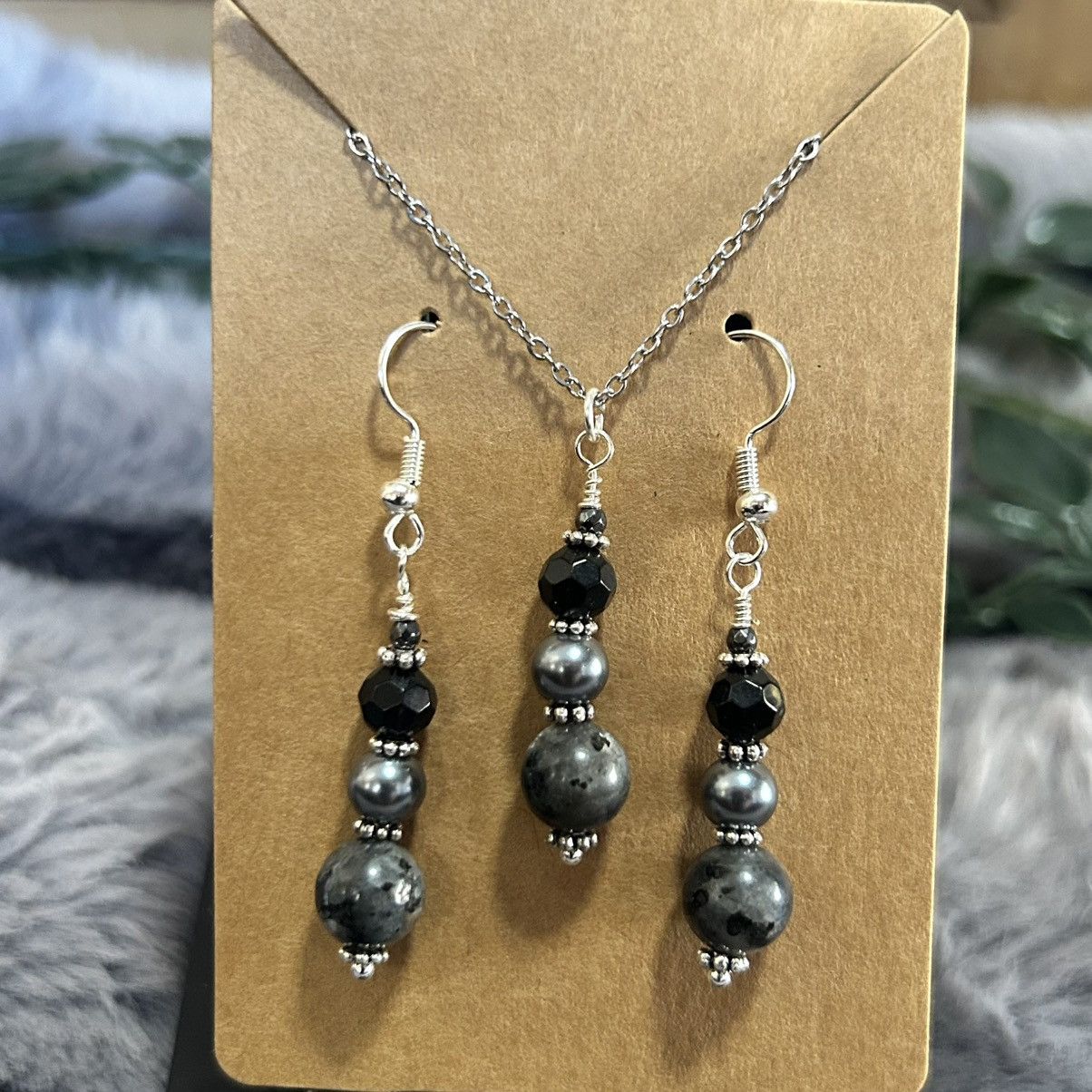 Handmade Handcrafted larvikite Czech glass pearl crystal necklace set Size ONE SIZE - 2 Thumbnail