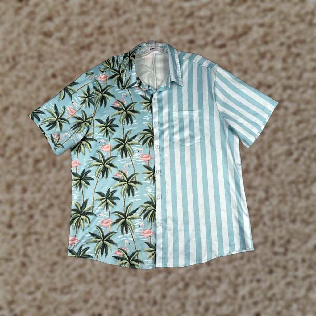 Vintage Vatpave Shirt Men Large Blue Stripe Hawaiian Flamingo Palm Polyester Blend Size US L / EU 52-54 / 3 - 1 Thumbnail