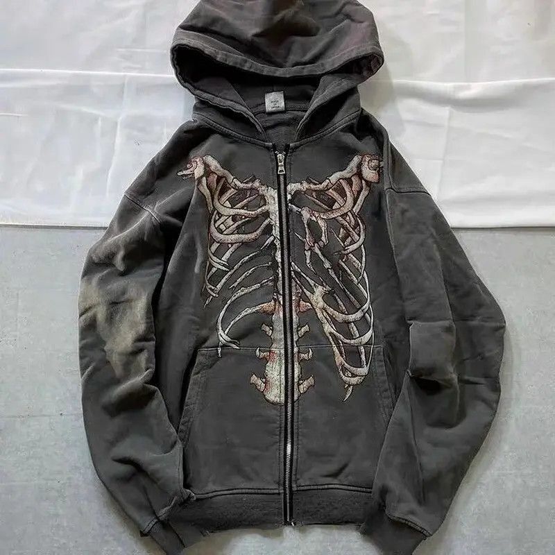 MENS SZ M BLK/WHITE Cotton Gothic shops Skeleton Jacket RIBS Hoodie Zipper Sweatshirt