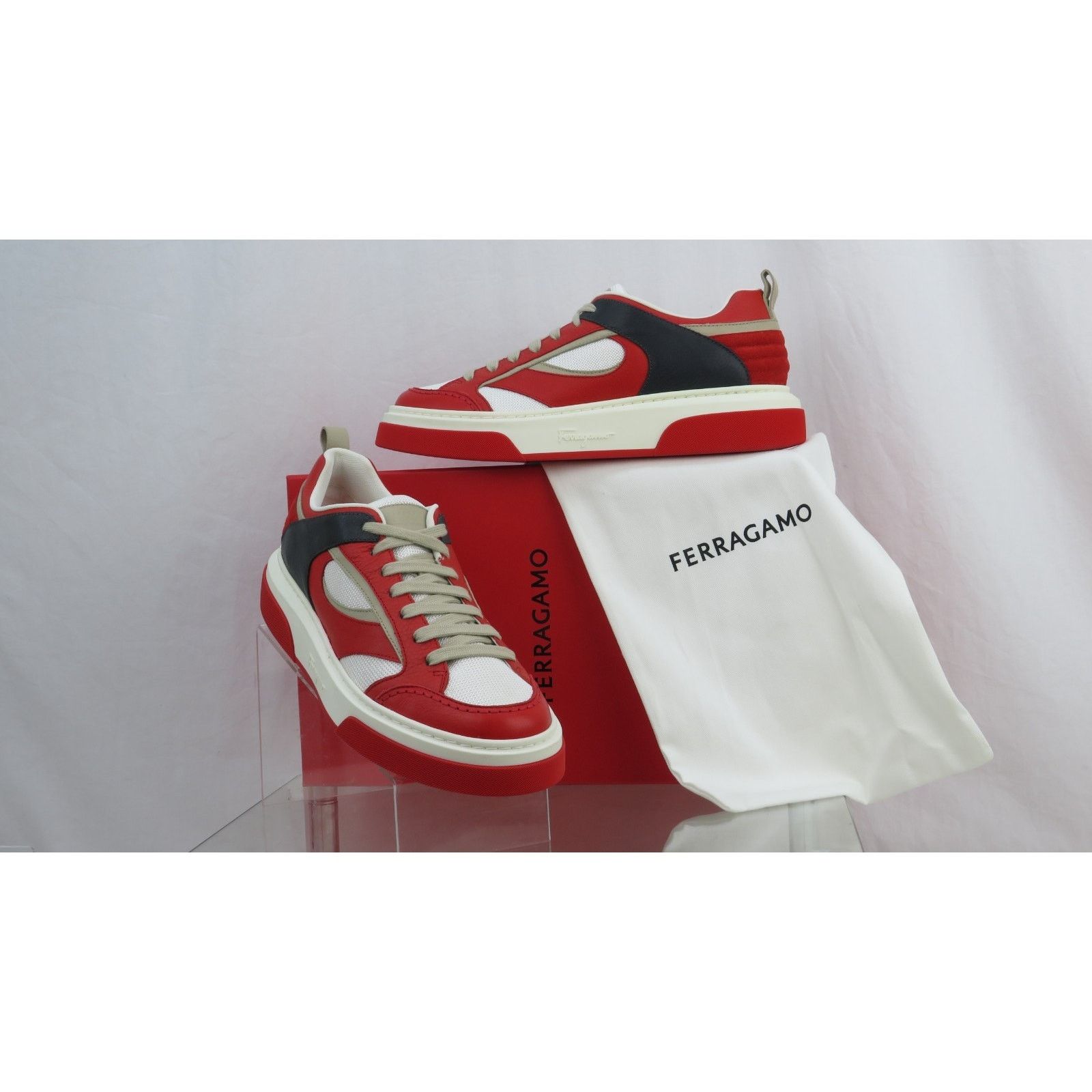 Salvatore Ferragamo FERRAGAMO CASSINA RED BLACK LEATHER LOGO LACE SNEAKERS 10 IT Size US 11 / EU 44 - 1 Thumbnail