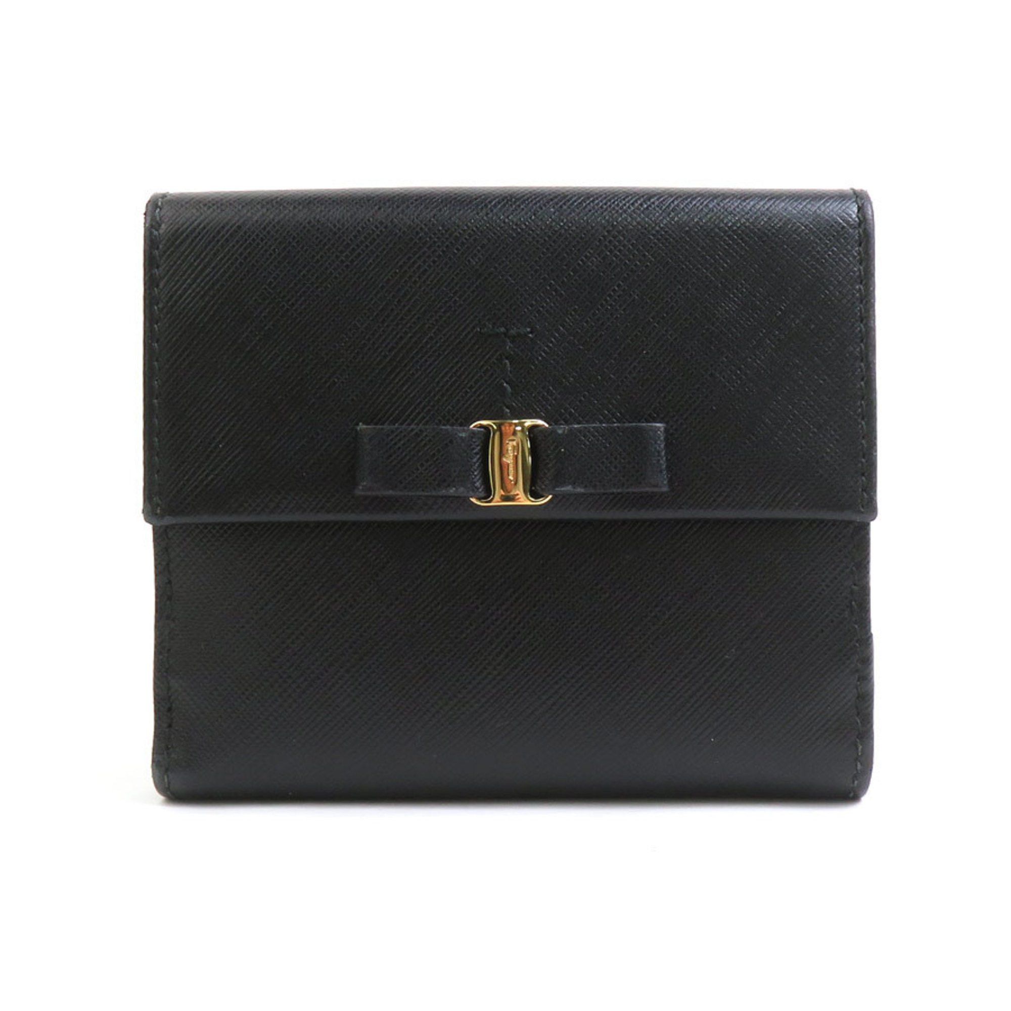 Salvatore Ferragamo Bi-fold Wallet Vara Ribbon Leather Black Gold Women's e60441a