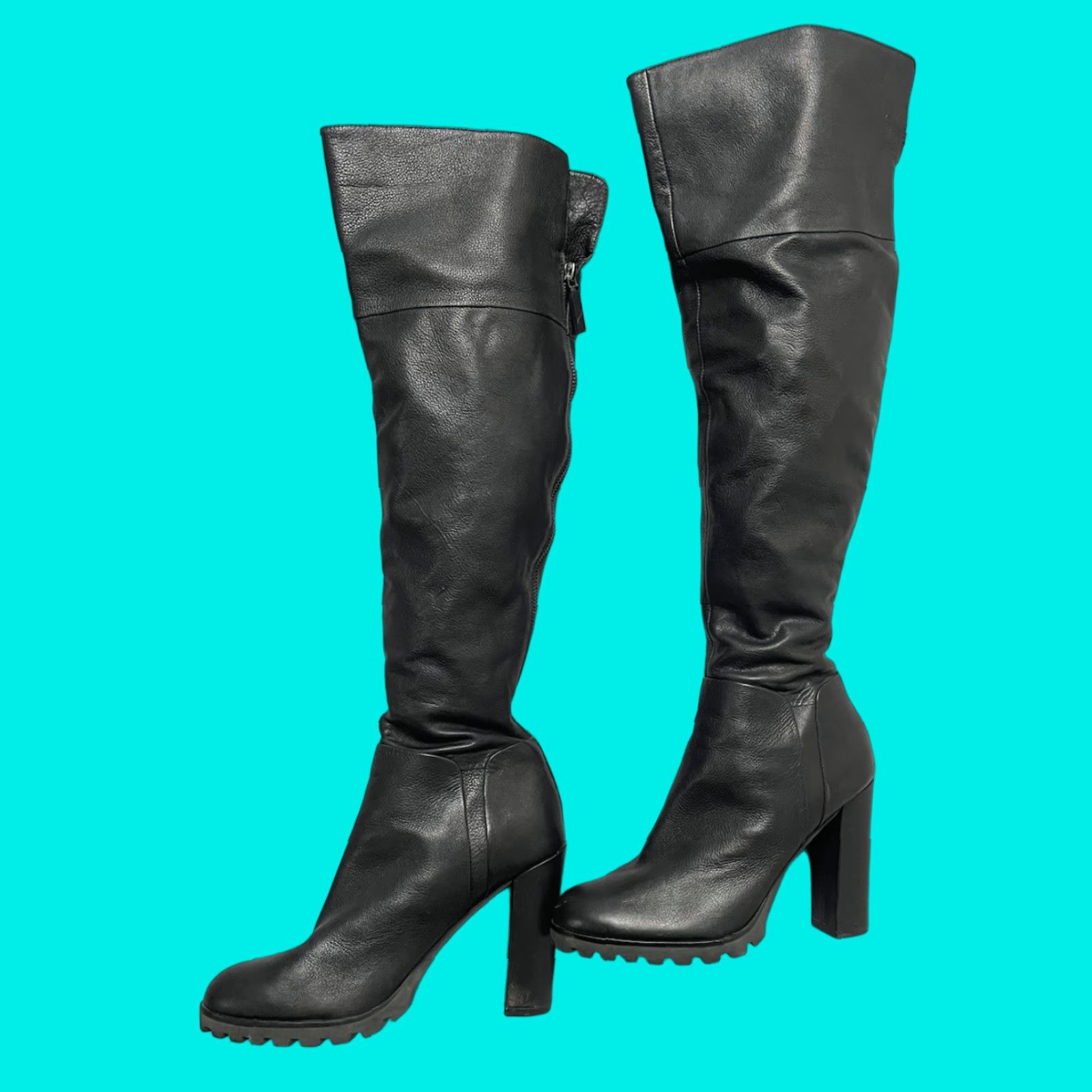 Aldo Black Leather Over The Knee Boots WomenS Us 8.5 High Heel Shoes Almond Toe Zip Clubwear, Women's
