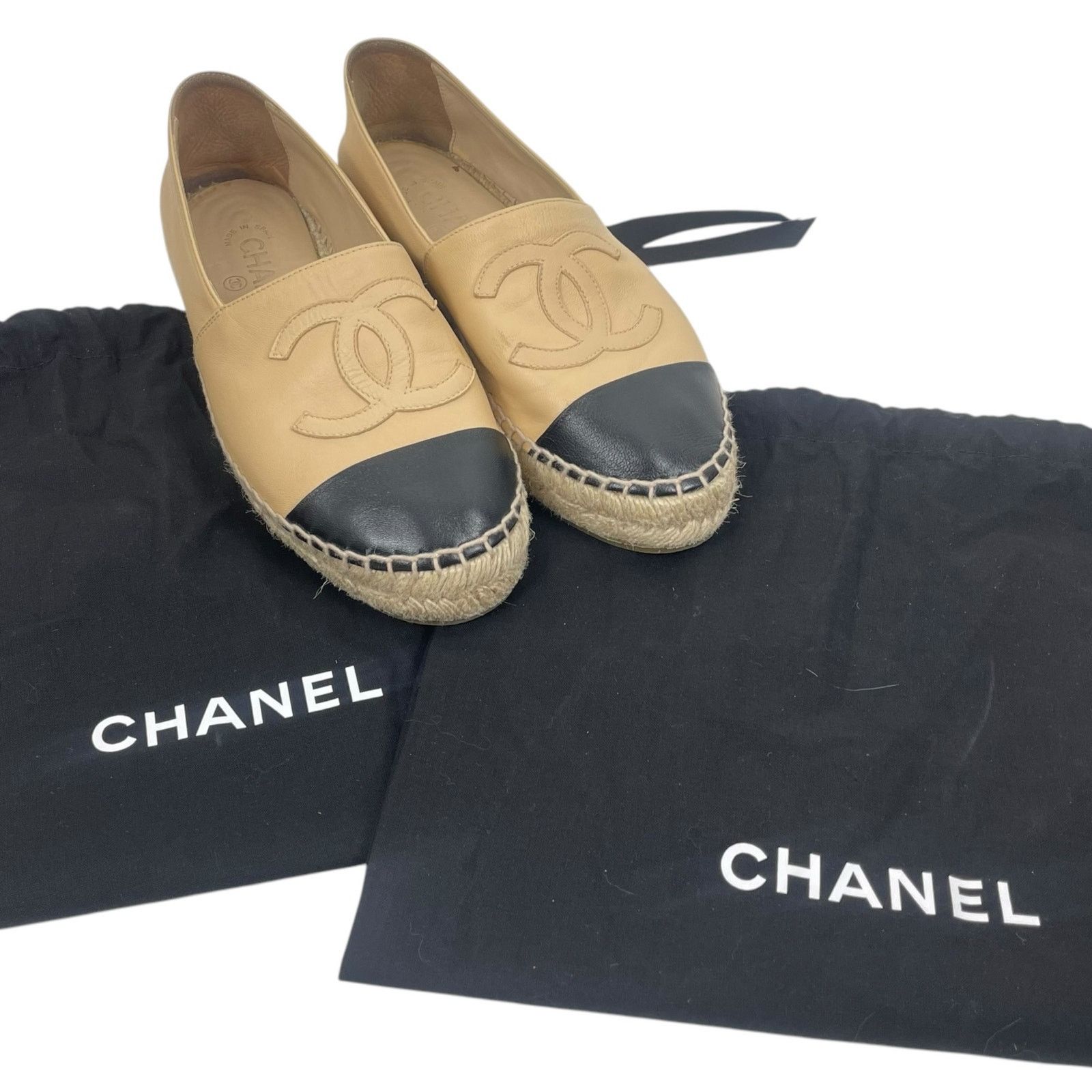Chanel Chanel CC Logo Cap Toe Lambskin Espadrile Beige Size