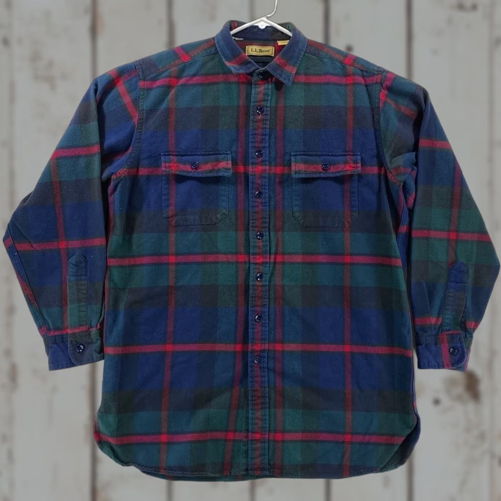 VINTAGE LL Bean Mens Large Tall Plaid Flannel Button Up Long Sleeve Shirt Cotton