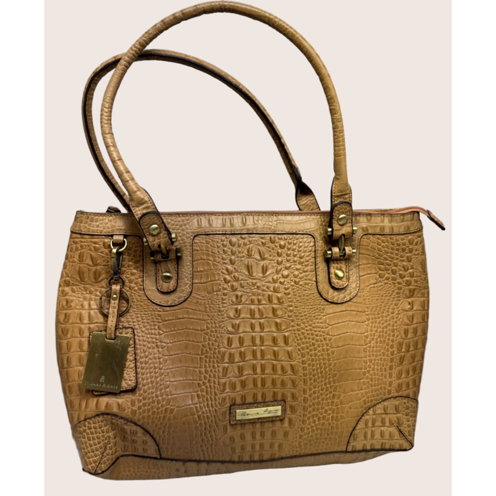 Etienne Aigner Shoulder Bag Large Tan Cow Leather Croc Embossed Double Handle Zip, Women's