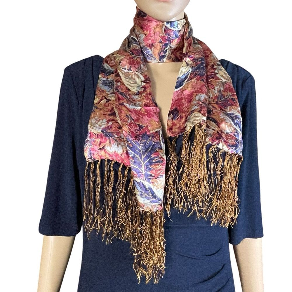 Other Silk Leaves Print Scarf With Tassel 10 x 26 Size ONE SIZE - 9 Thumbnail