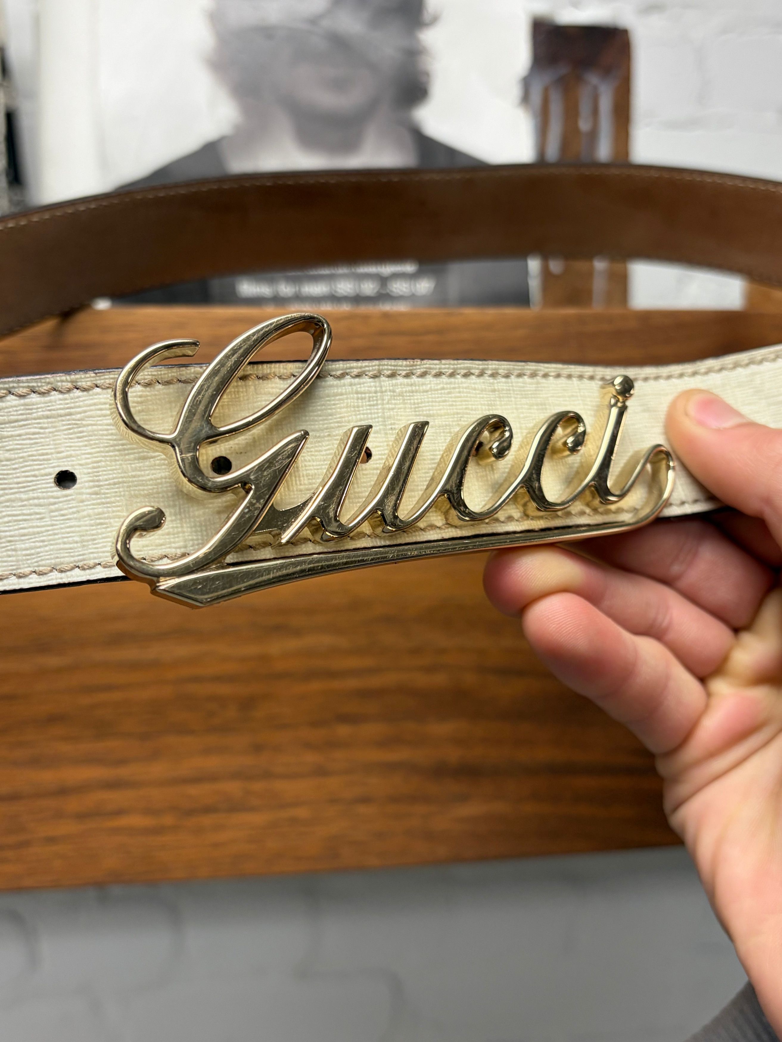 Gucci 2000s Gucci ‘Cursive Script’ GoldWhite Monogram Leather Belt Size ONE SIZE - 2 Thumbnail