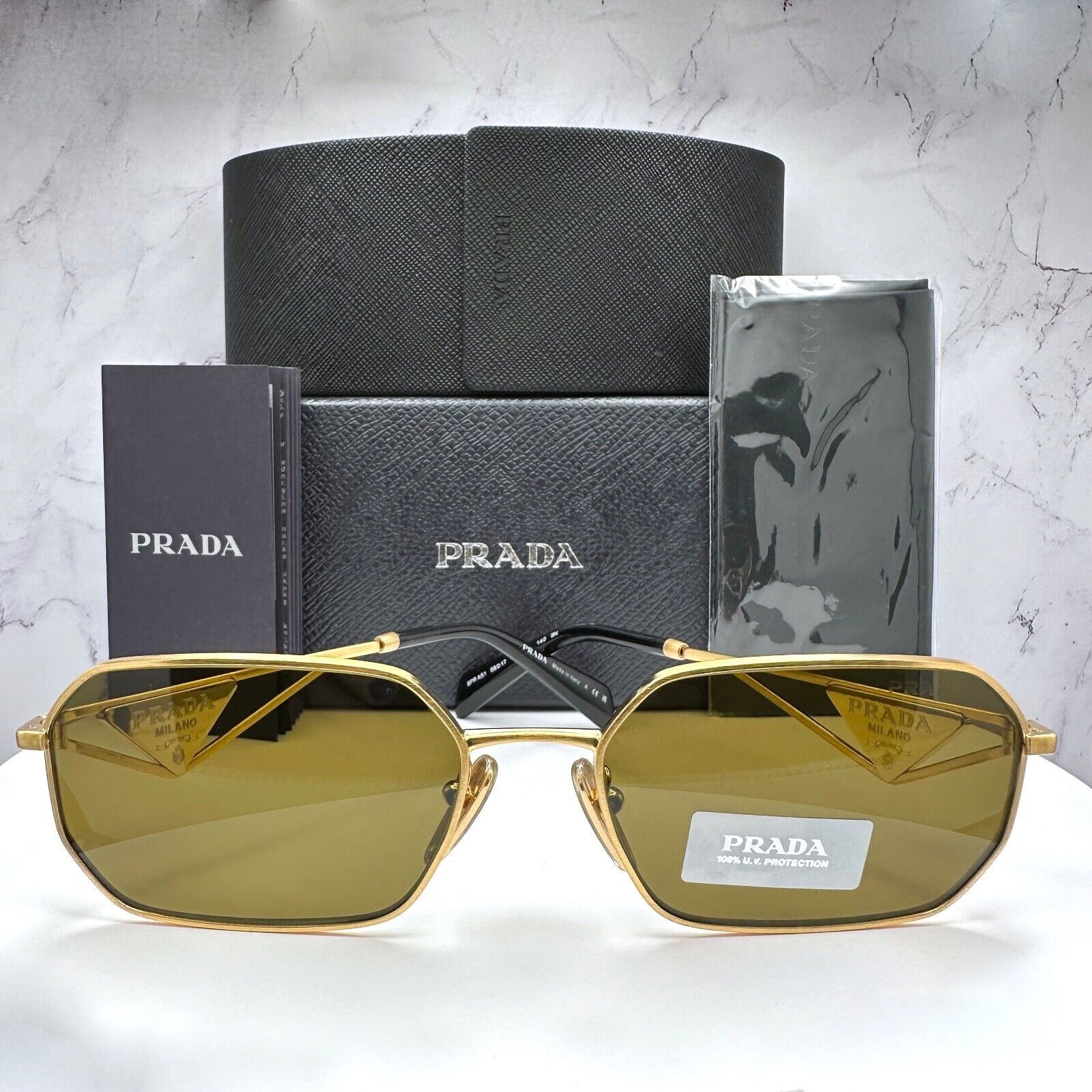 New Prada Sunglasses Gold Metal Black Plaque Triangle Logo