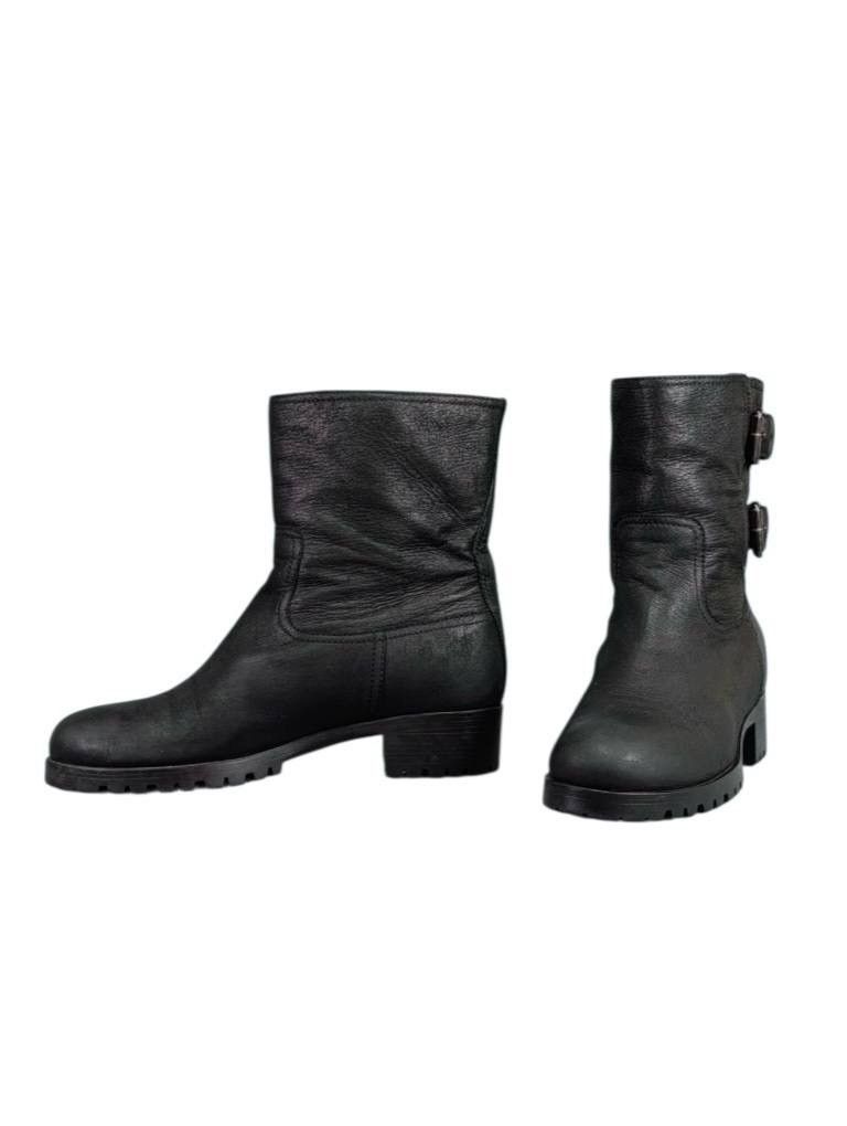 Prada black leather biker boots buckle high