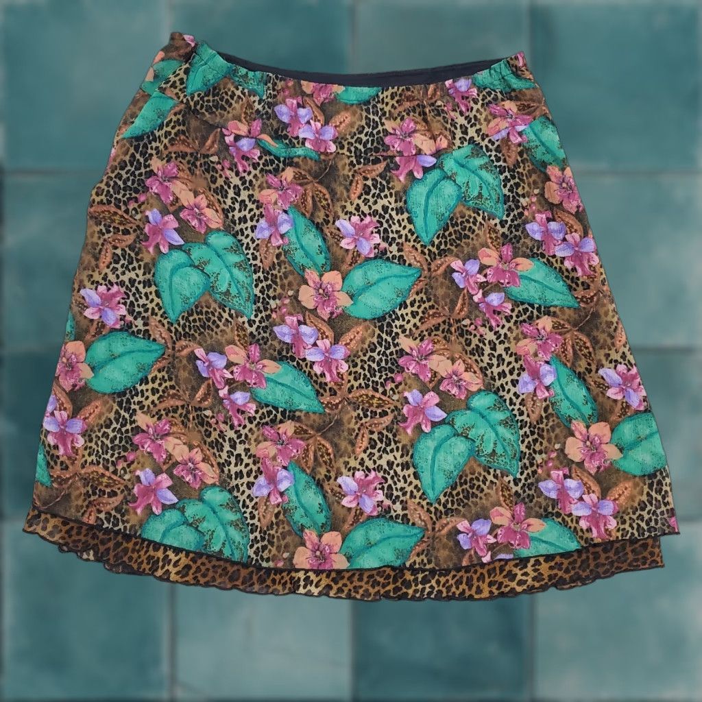 Vintage RQT Skirt Women L Brown Animal Tropical Floral Print A-Line Side Zip Lined FLAW Size 36" / US 14 / IT 50 - 1 Thumbnail