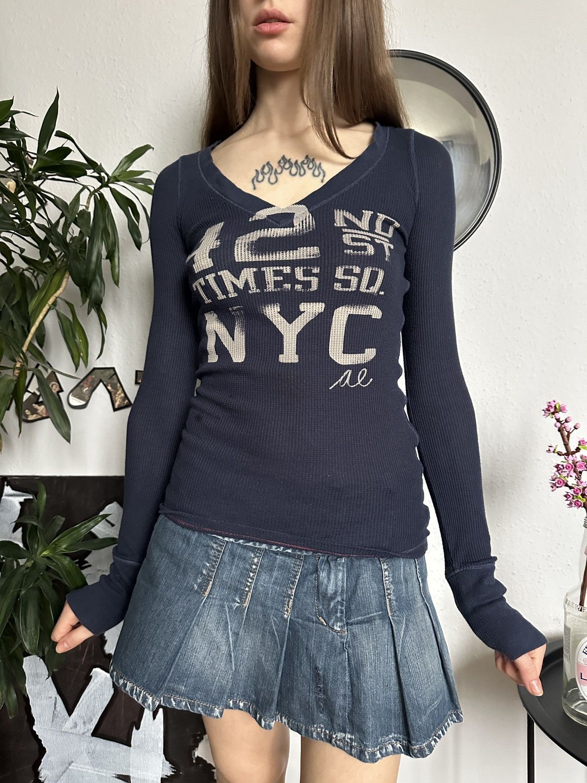 American Eagle Outfitters × Vintage 2000s American Eagle Waffle Sheath Skinny Long Sleeve Top Size XS / US 0-2 / IT 36-38 - 1 Thumbnail