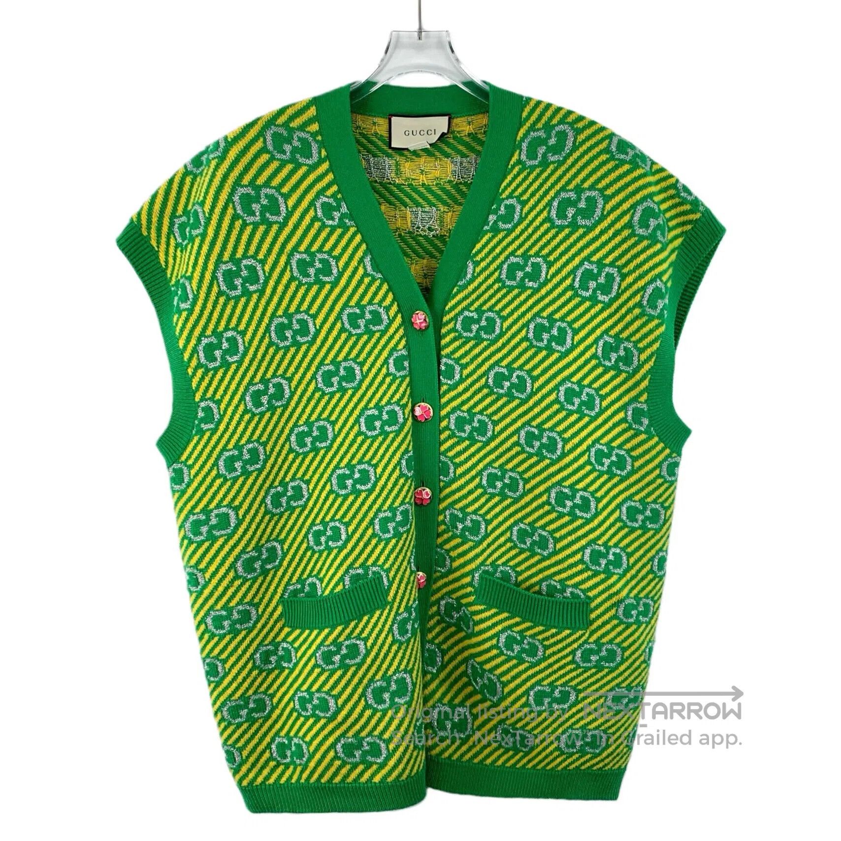 Gucci Guicci Green Striped Logo Jacquard Full Print Wool V-neck Size US XS / EU 42 / 0 - 1 Thumbnail