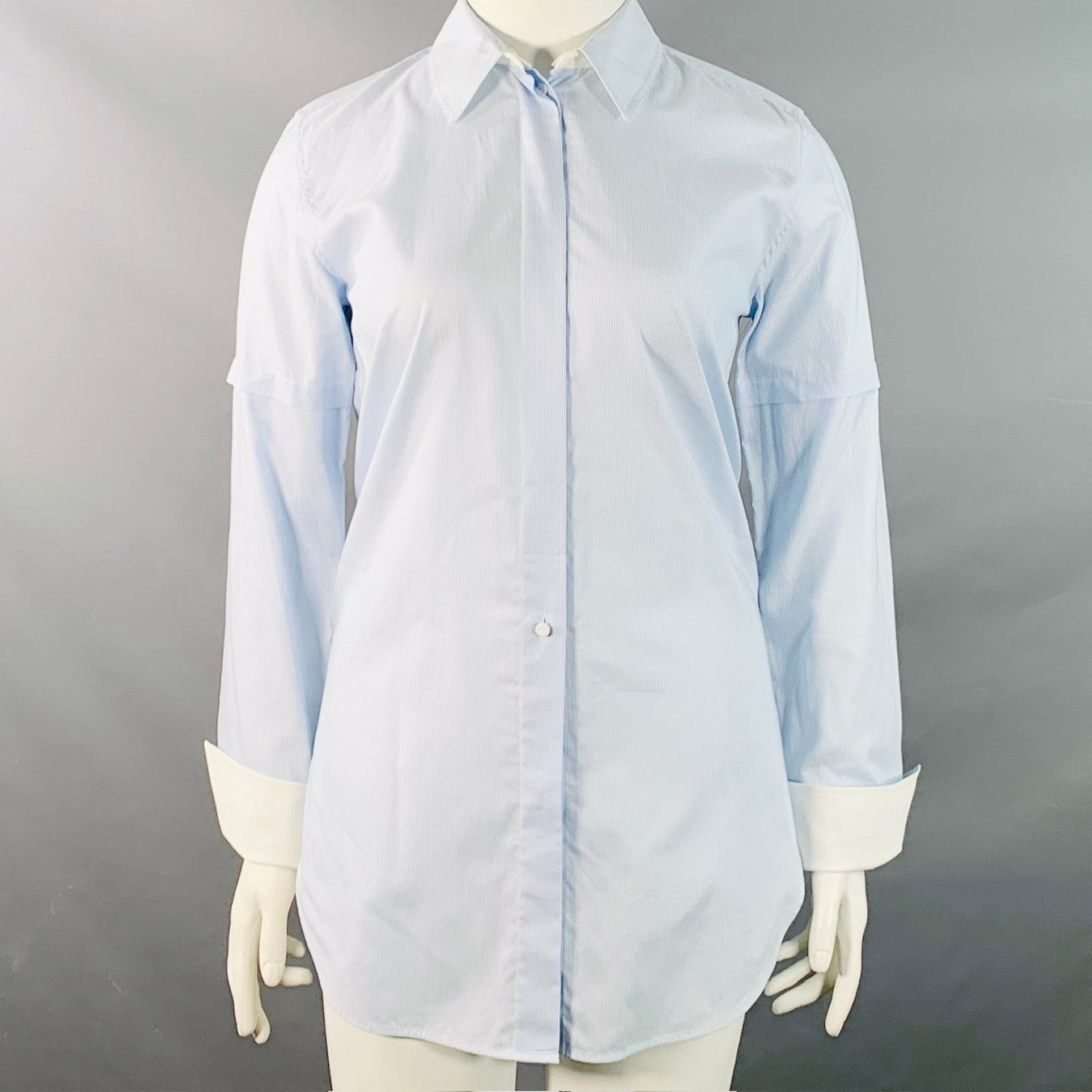 Helmut Lang L Blue White Cotton Stripe Contrast Trim Tuxedo Shirt Size L / US 10 / IT 46 - 1 Thumbnail