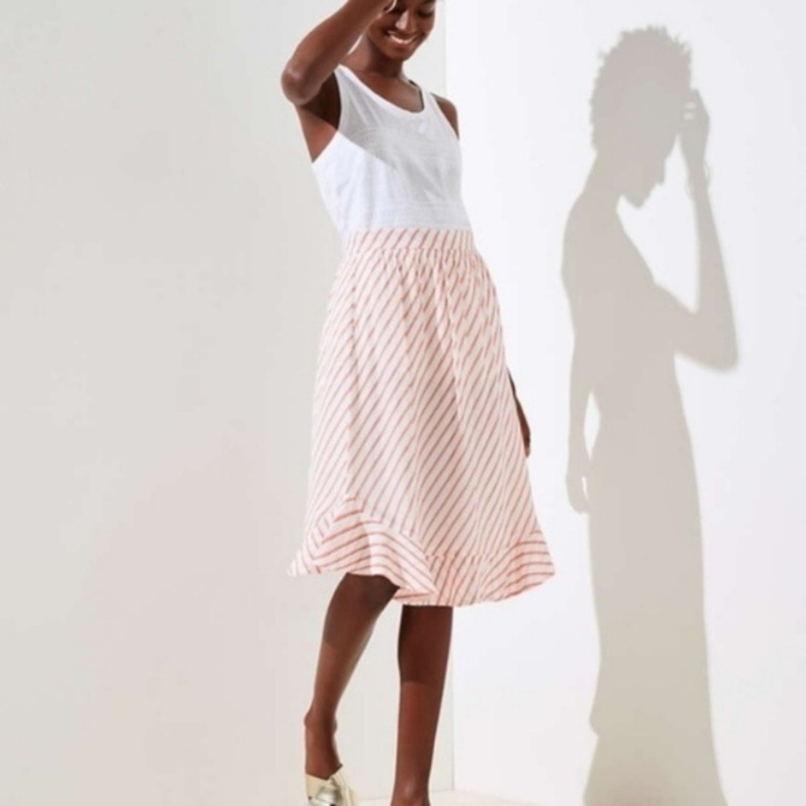 Loft LOFT Pink and White Striped Ruffle Hem Skirt Size 27" / US 4 / IT 40 - 7 Thumbnail