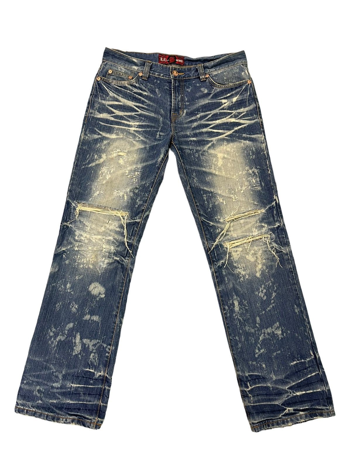 Japanese Brand Distress Thrash Acid Wash Oniarai Denim Regular Fit 7🟦4 Size US 35 - 1 Thumbnail