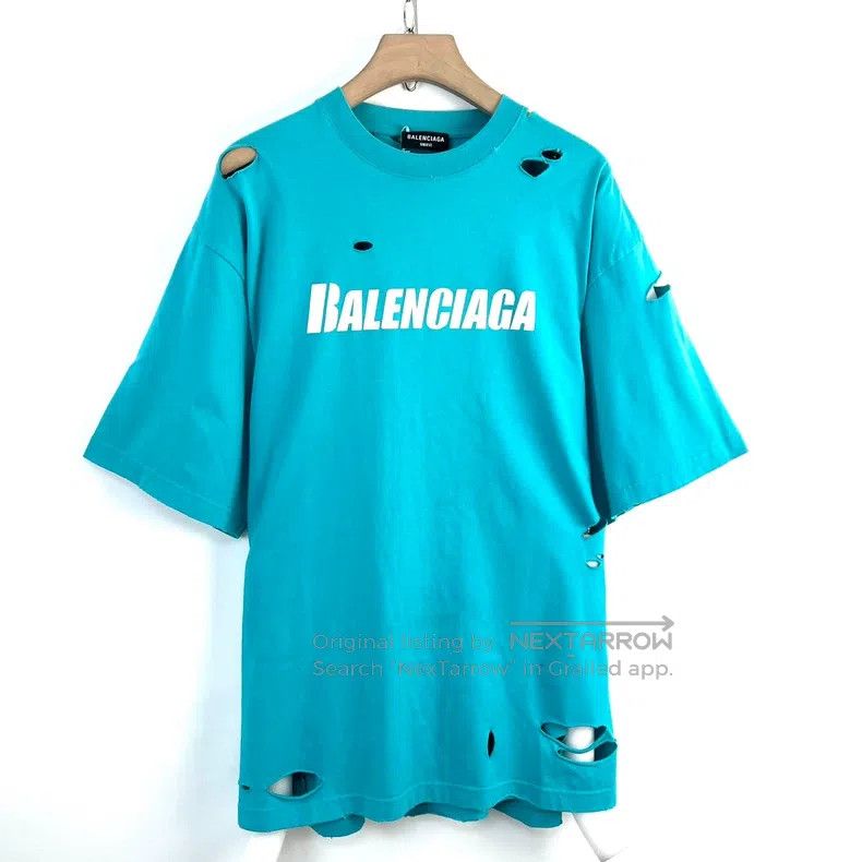 Balenciaga Balenciaga Blue ripped print logo round-neck T-shirt Size US XS / EU 42 / 0 - 1 Thumbnail