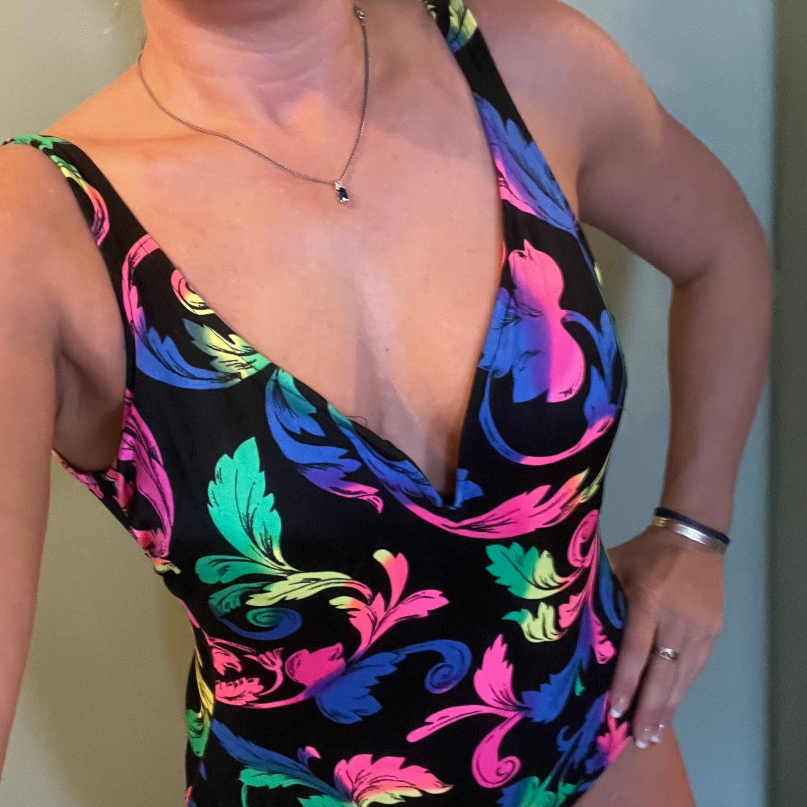 Vintage 80's Mainstream Neon Floral Leaf One Piece Swimsuit in Black, Women's