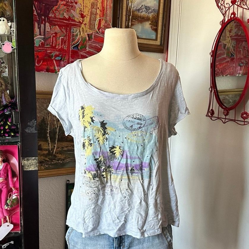 Other style & co palm tree light blue short sleeve shirt Size XL / US 12-14 / IT 48-50 - 1 Thumbnail
