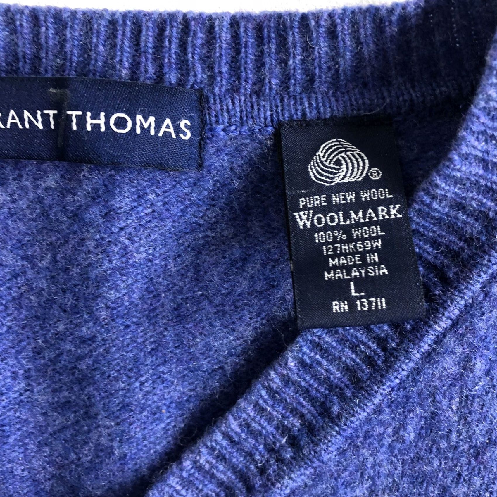 Vintage Grant Thomas Mens Sweater Long Sleeve V-Neck 100% Wool Size L Purple Knit Pullover All Seasons Winter Fall Spring Summer Size US L / EU 52-54 / 3 - 6 Thumbnail