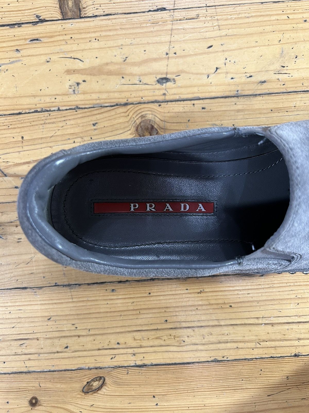 Prada Grey Nabuc loafers with diamonds detail’s