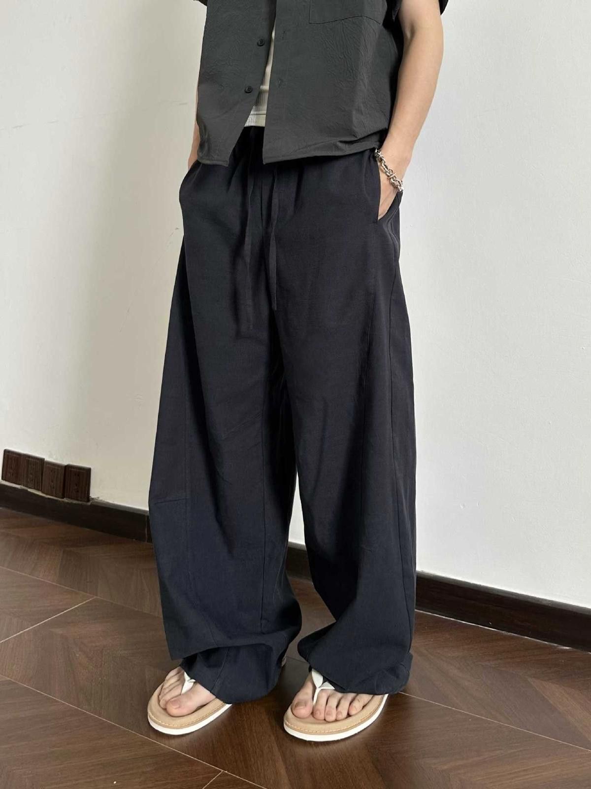 Beige Wide Leg Casual Linen Pants, Loose Fit Trousers