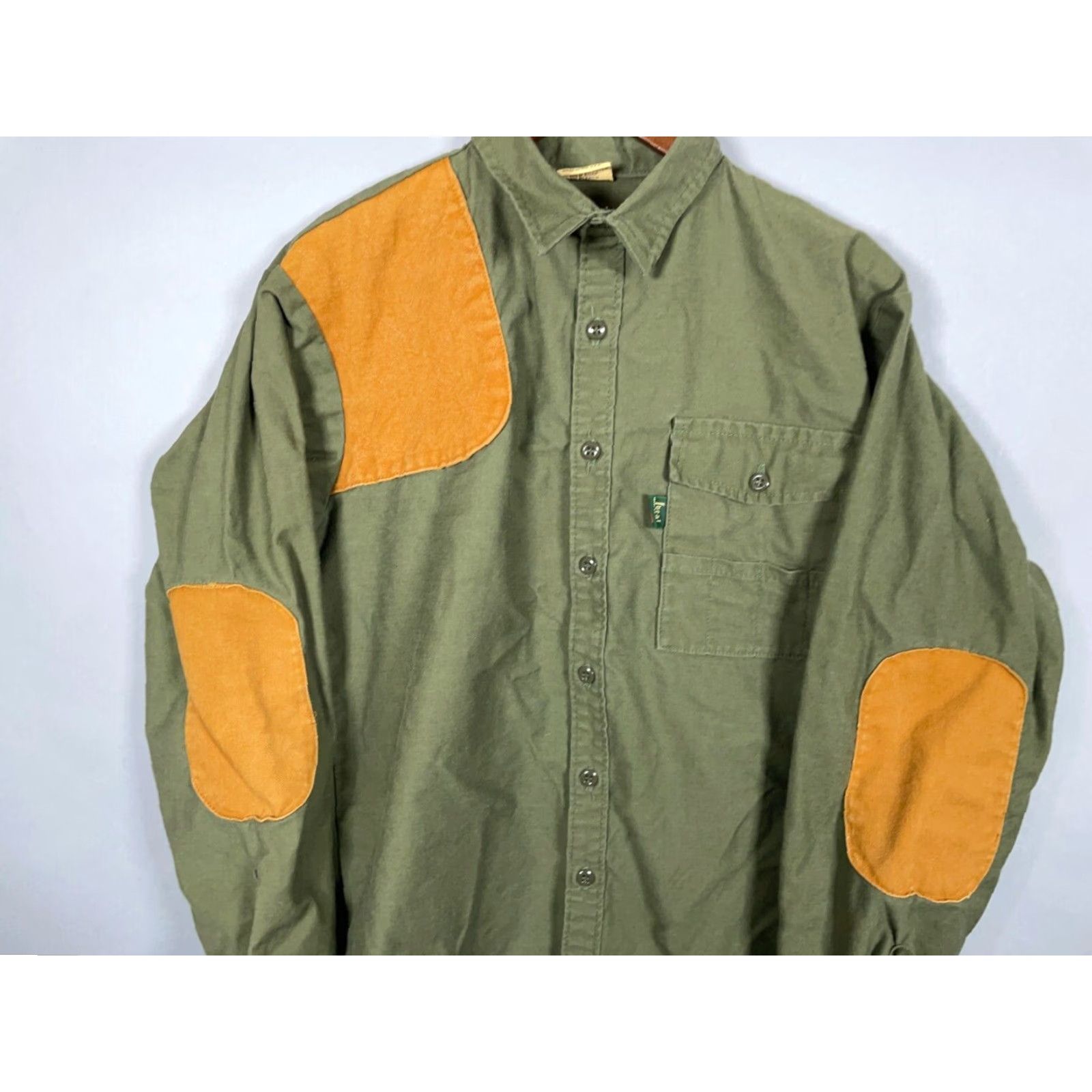 IDEA VINTAGE Ideal Shooting Shirt Men XL Green Brown Twill Canvas Shoulder Elbow Patches 80s USA Mens Size US XL / EU 56 / 4 - 3 Thumbnail