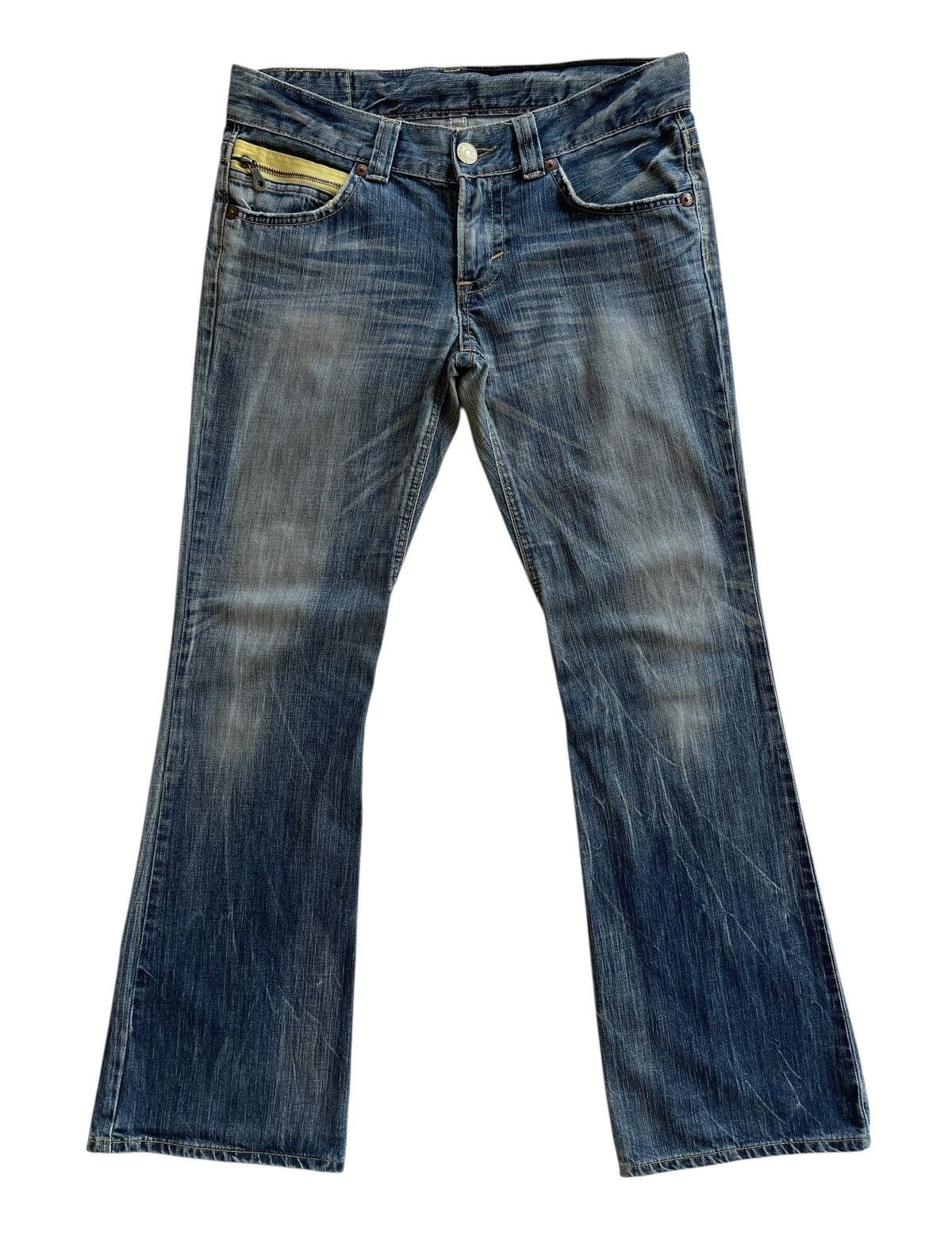 Japanese Brand Vintage Edwin 504 Blue Trip Flare Distressed Denim Size US 32 / EU 48 - 2 Thumbnail