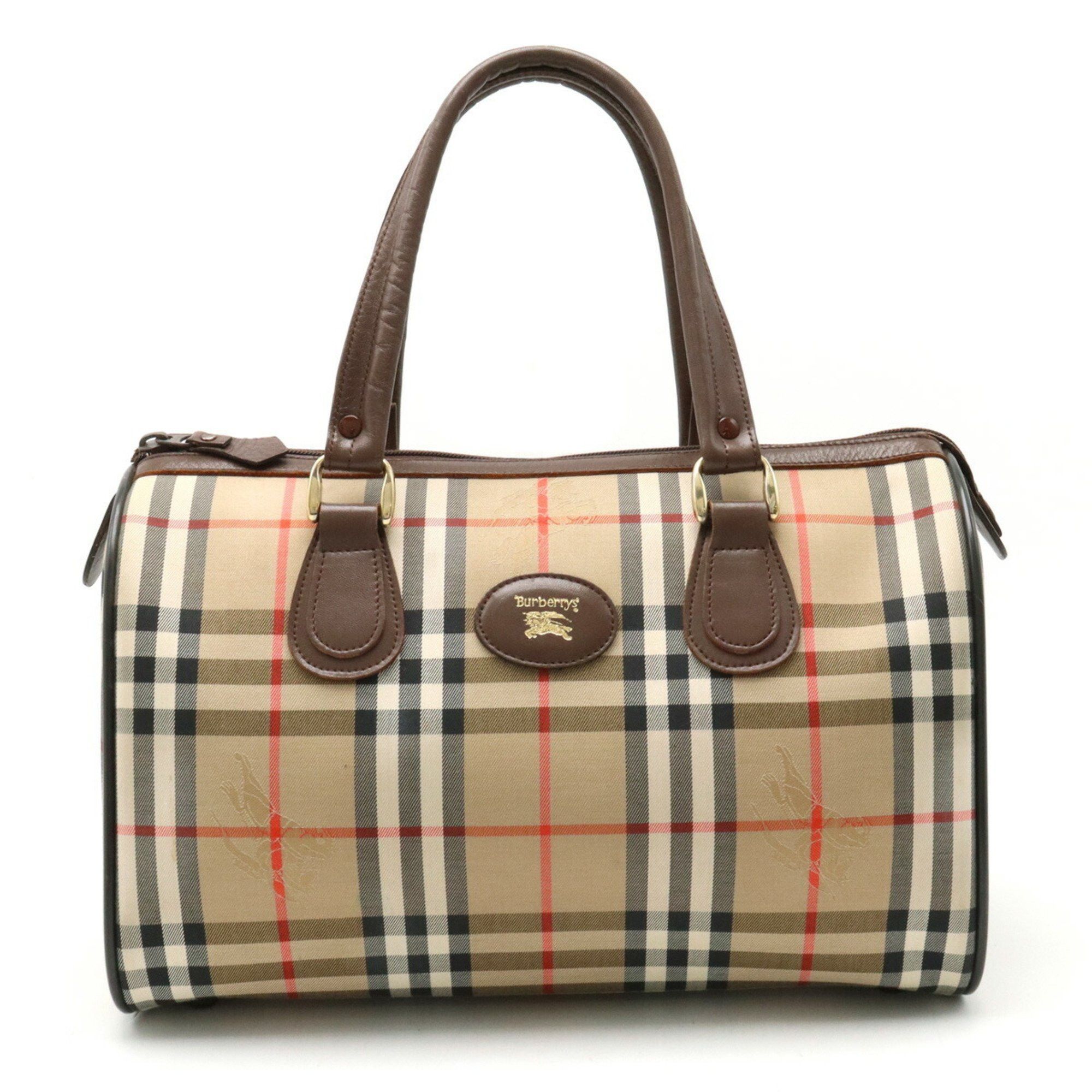 image of Burberry Nova Check Plaid Boston Handbag Canvas Leather Beige Dark Brown Bordeaux, Women's