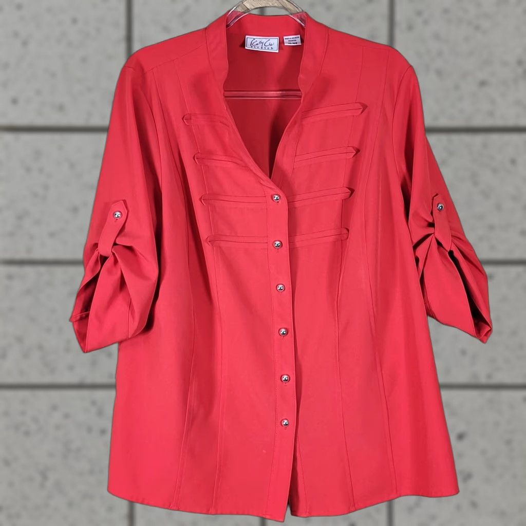 Vintage Kathy Che Blouse Red Button Front Tab Sleeve 14W Plus Size Business Casual Women Shirt Size XL / US 12-14 / IT 48-50 - 1 Thumbnail